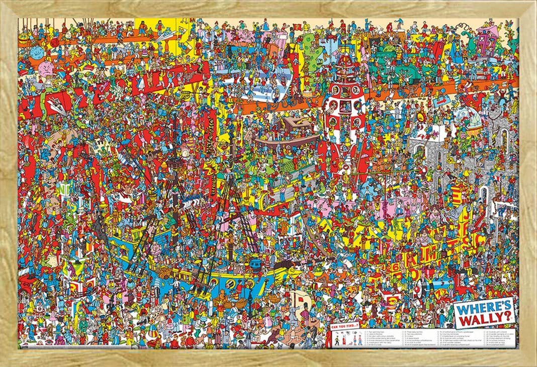 empireposter Where's Wally – Quadro nascosto della serie TV per bambini, dimensioni 91,5 x 61 cm + cornice intercambiabile, Shinsuke® Maxi MDF faggio, disco acrilico