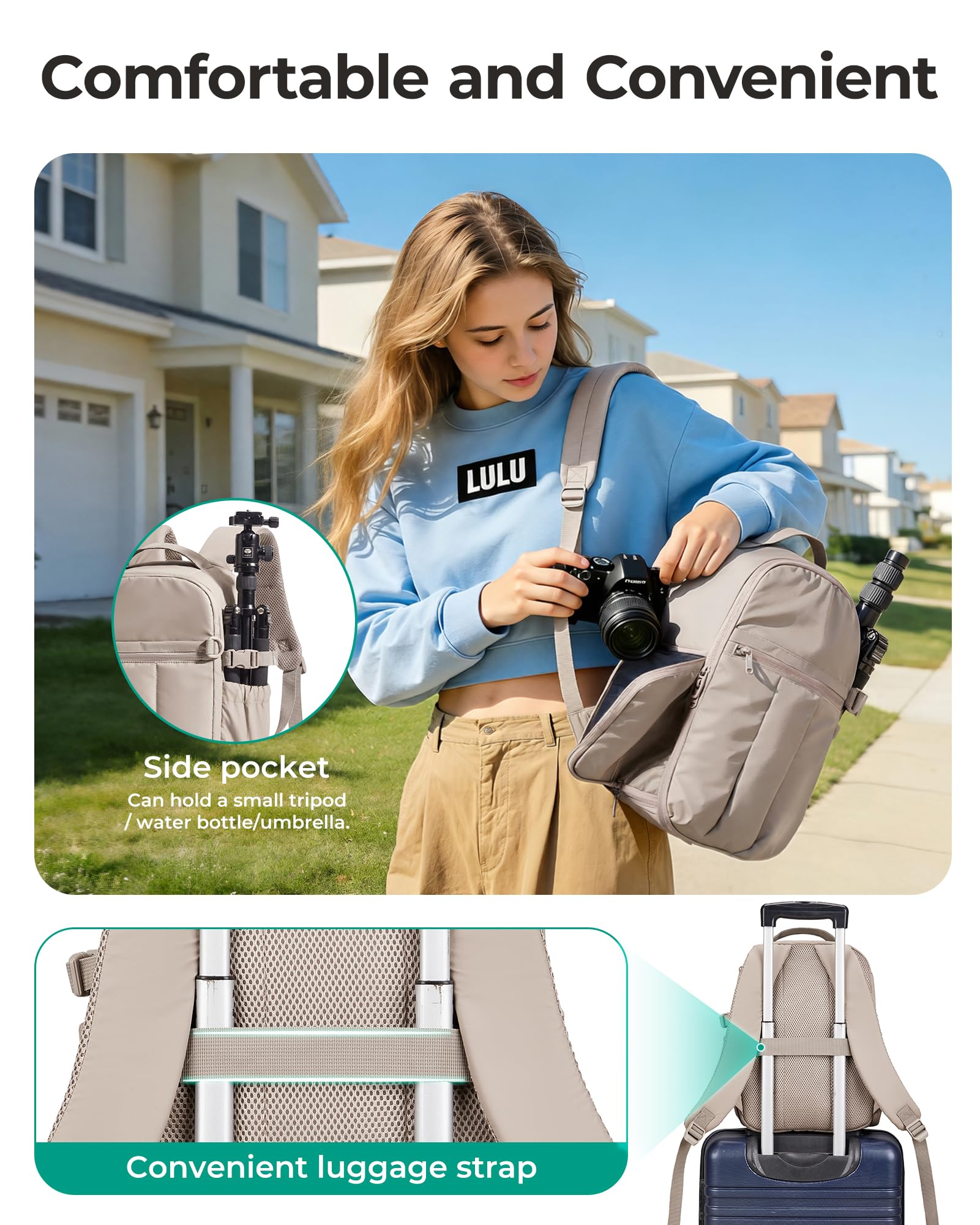 bagsmart Plecak na aparat fotograficzny, DSLR SLR torba na aparat Fotograficzny Odpowiedni dla laptopów 13,3 cala, wodoodporny plecak fotograficzny, wielbłąd, 35 x 25.5 x 14 cm, moda