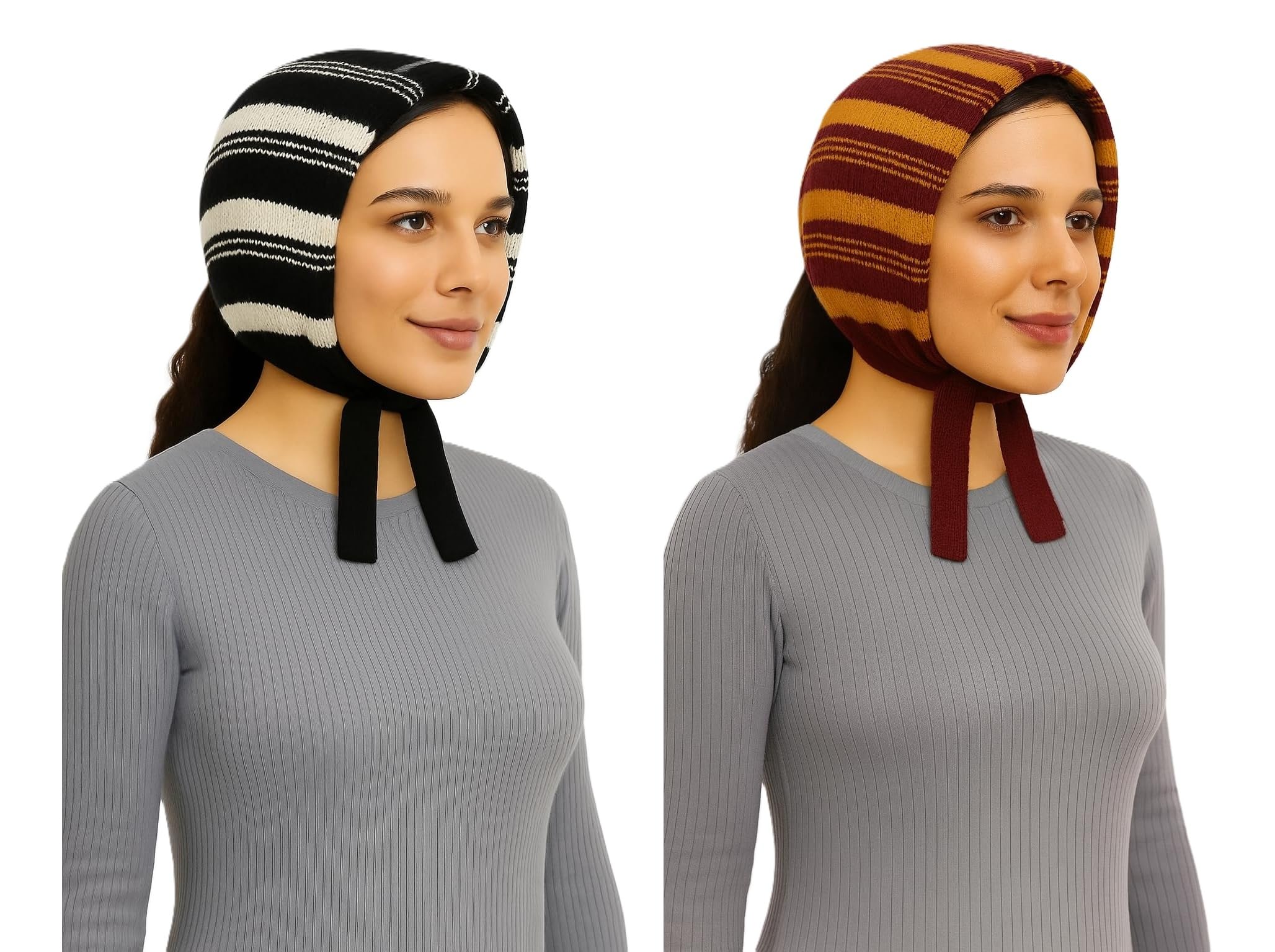 nishvith Stylish Winter Knit Muffler, Striped Pattern, Ear Protection Design with Ties, Warm Casual Wear for Women(Pack of 2, Multicolor, Color Varies)-picture-13