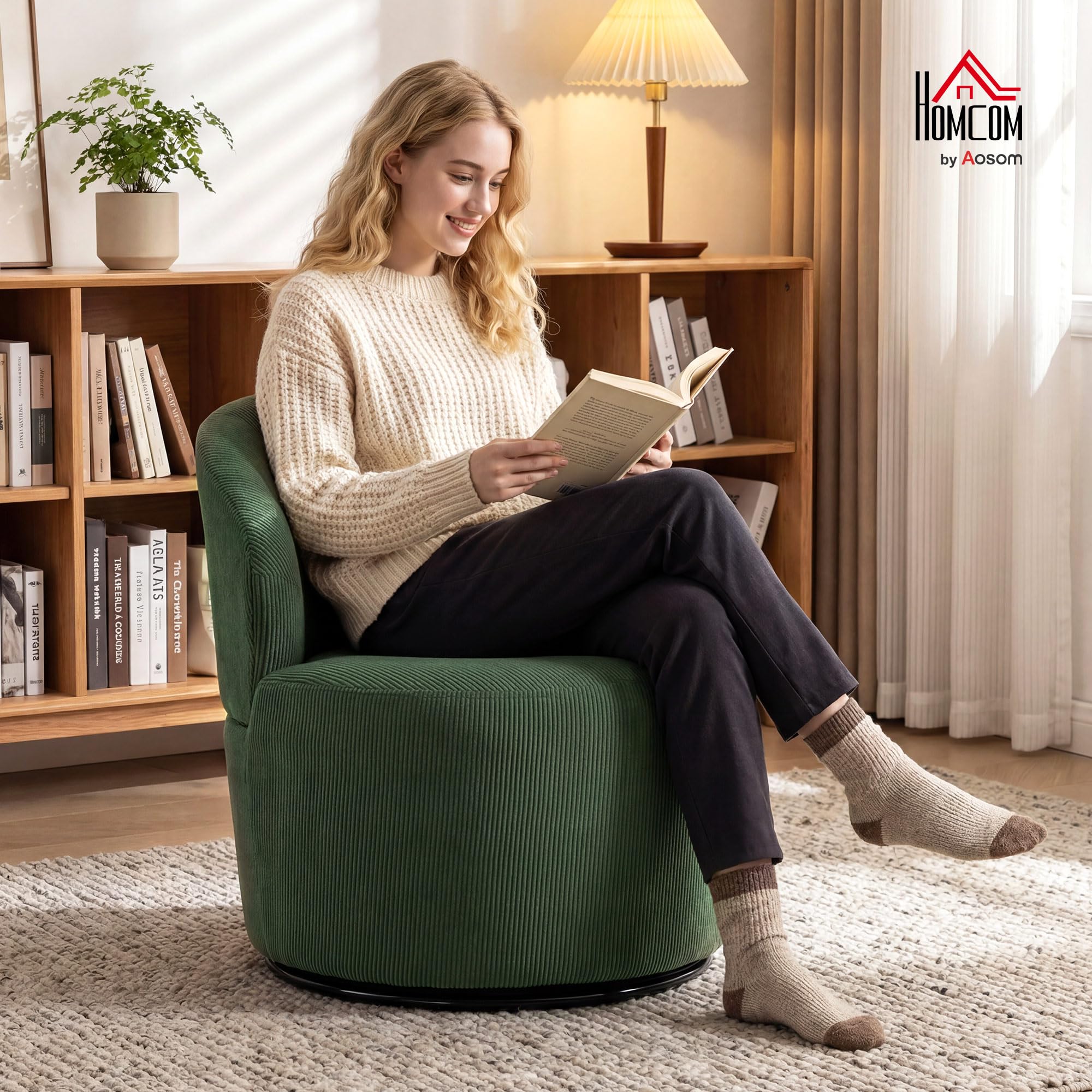 HOMCOM Sessel Drehbar Loungesessel mit Breitem Sitz Moderner Polstersessel mit Geschwungene Rückenlehne und Dicker Polsterung Relaxsessel mit Cord-Optik für Wohnzimmer, Schlafzimmer, Grün