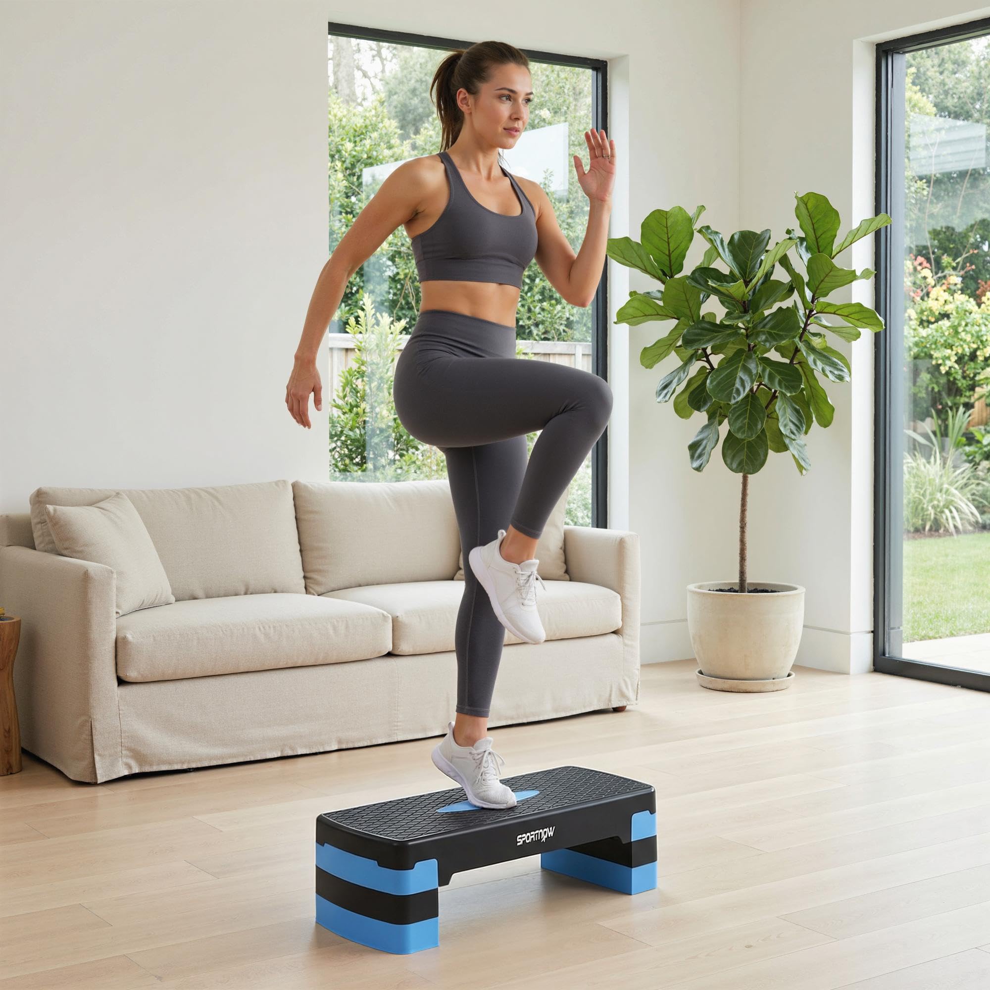 SPORTNOW Stepper Fitness Aérobic 3 Niveaux, Hauteur Réglable 10/15/20 cm avec Rehausses, Surface Antidérapante, Charge 150 kg, Stepper Aérobic pour Maison et Salle de Sport, Bleu