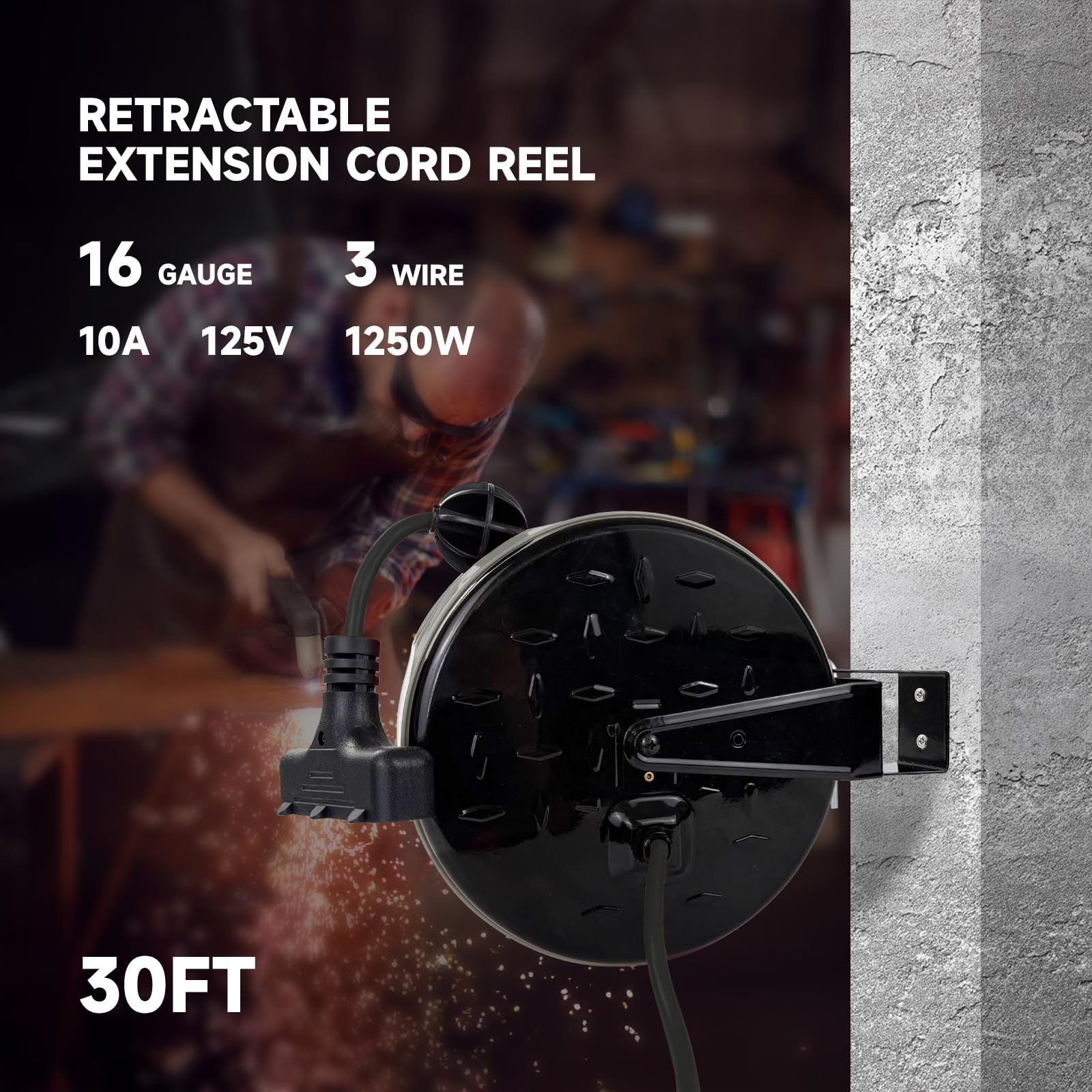 EP - Carrete de cable de extensión retráctil de 30 pies, cable de alimentación SJTW de 16/3 con 3 tomas eléctricas, montaje en techo o pared, interruptor de circuito de 10 amperios, placa de metal,