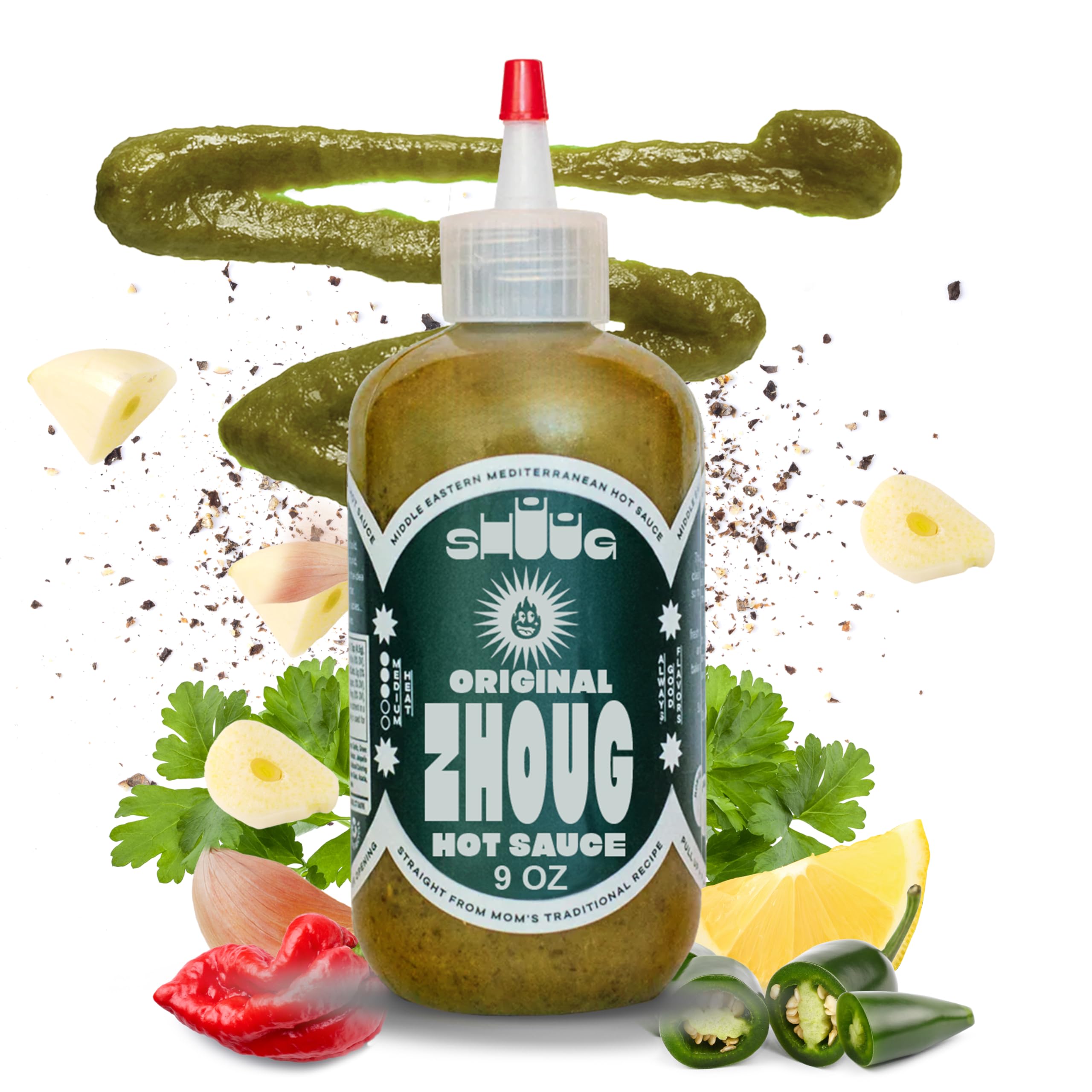 Middle Eastern Green Hot Sauce 9oz (Zhoug) | Cilantro Sauce with Garlic, Jalapenos, Poblano, Scotch Bonnet Peppers, Olive Oil, Lemon, Chipotle | Vegan, Non-GM, Kosher | Seasoning & Dipping