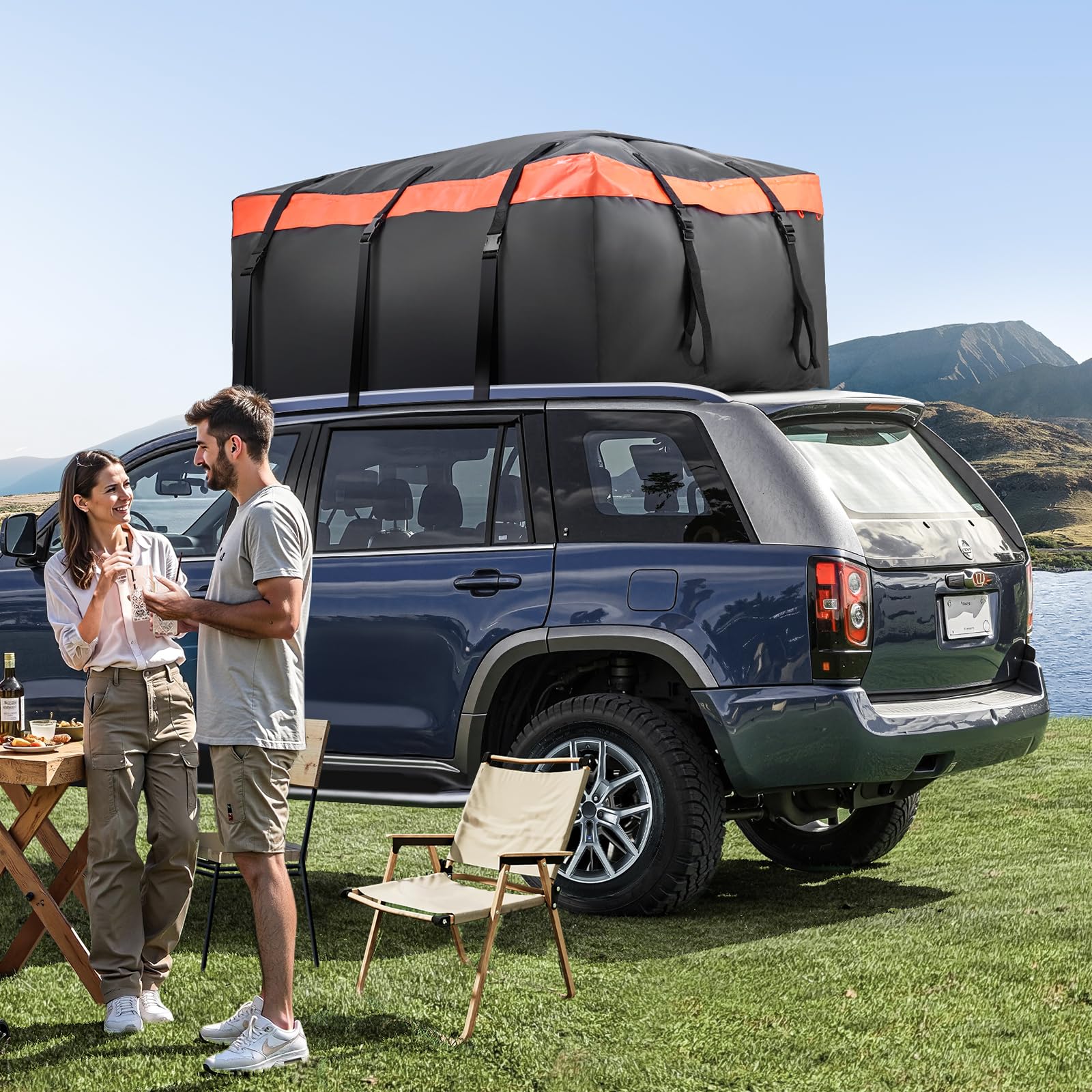 VEVOR Bolsa de Carga para Techo de Automóvil, Resistente, 840D PVC, 100% Impermeable, para Todos los Vehículos con o sin Portaequipajes, con Cerradura, Gancho para 6 Puertas, 125 x 93 x 56 cm