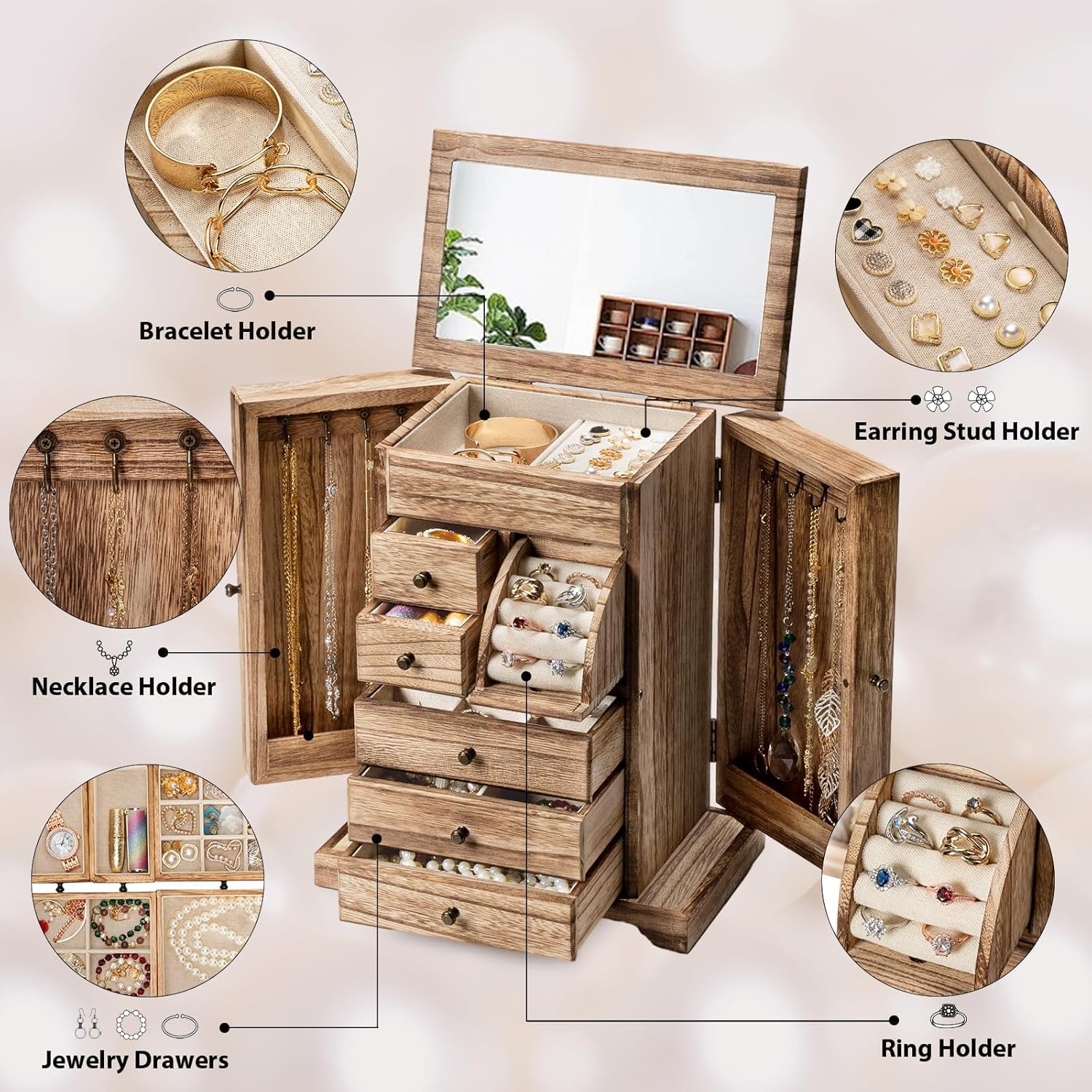 Schmuckkästchen 6 Ebenen, Schmuckaufbewahrung, Rustikales Holz Schmuckkasten 6 Schubladen mit Spiegel, Schmuck Organizer für Ringe, Ohrringe, Halsketten, Armbänder (Rustikal Braun)