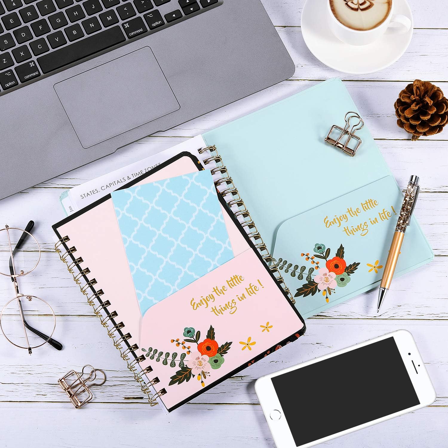 2020 Planner - Weekly & Monthly Planner with Tabs, Floral Cover with Twin-Wire Binding, 6.30" x 8.45", Banded + Inner Pocket