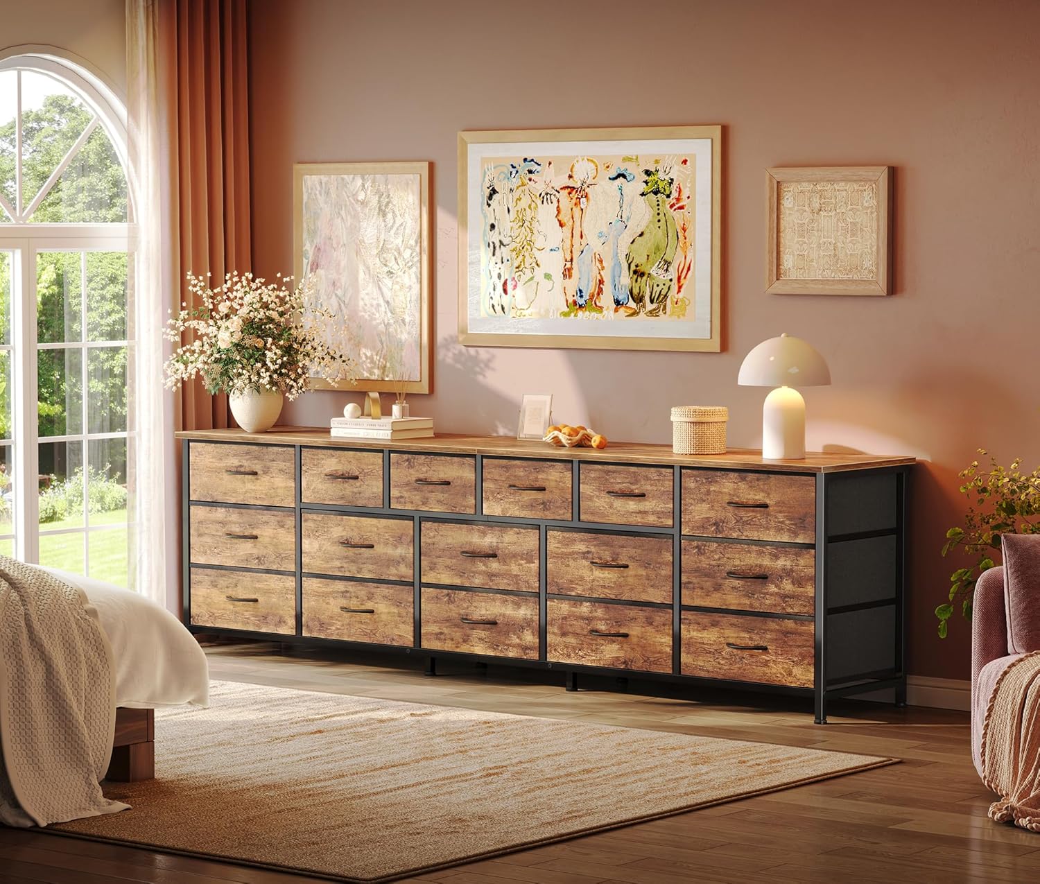 Huuger 77.6" Long Dresser for Bedroom, 16 Drawer Fabric Dresser for Closet, Wide Chest of Drawers with Storage, TV Stand for 65, 75, 85 Inch TV, 77.6" W x 12.9" D x 26.7" H, Rustic Brown