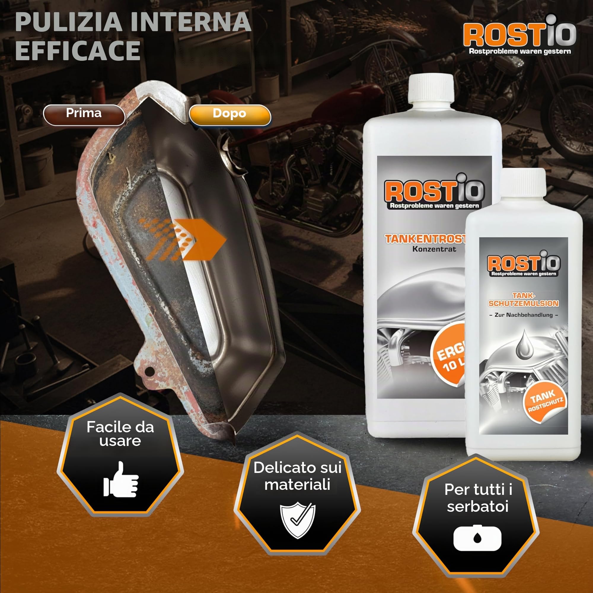 Rostio Antiruggine per Serbatoi Confezione da 1 litro, più Set di emulsione Protettiva e sigillante antiruggine per Serbatoi
