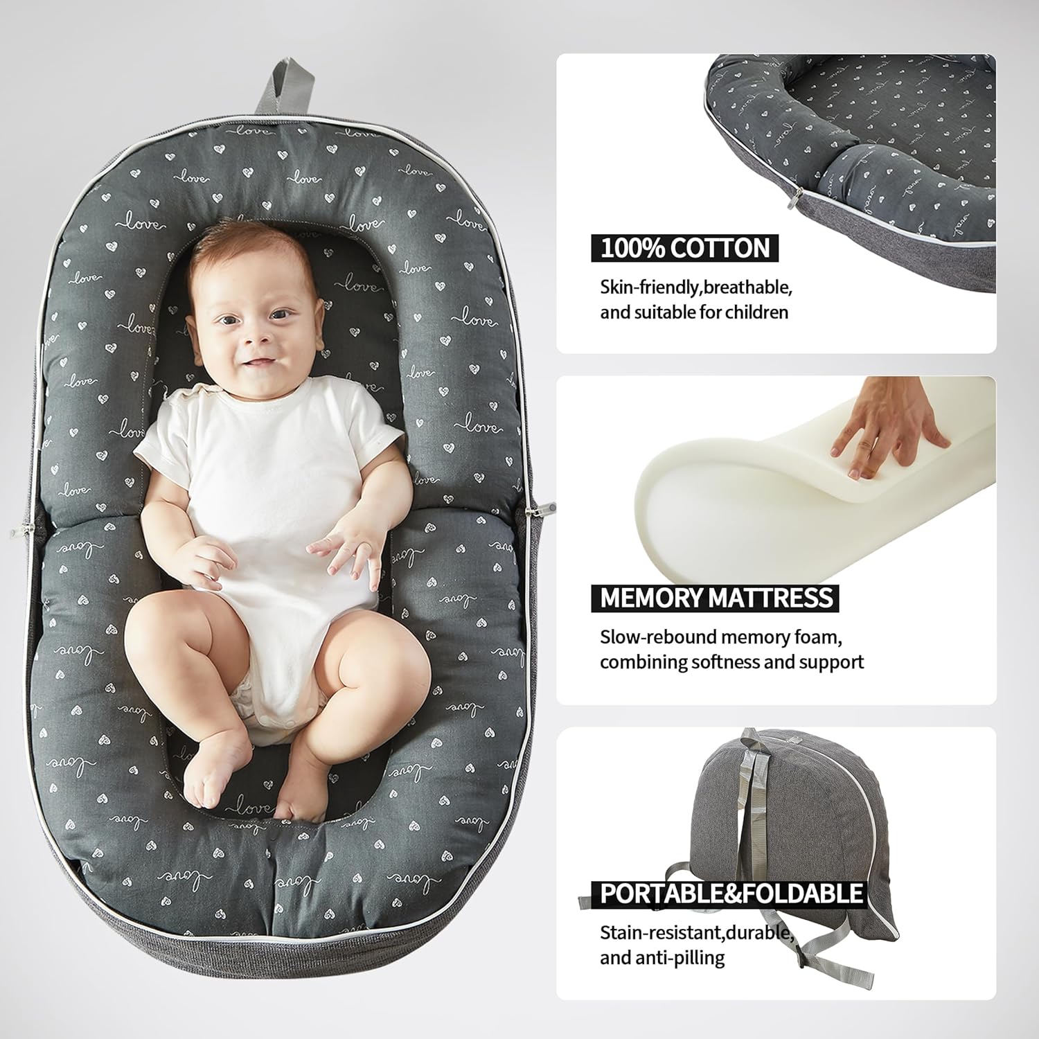 Baby Lounger for Newborn, 0-12 Months, Portable Infant Lounger Pillow with Adjustable Support, Soft Breathable Cover, Folds Into Backpack for Travel, Ideal for Home & Outdoor Use - Gray