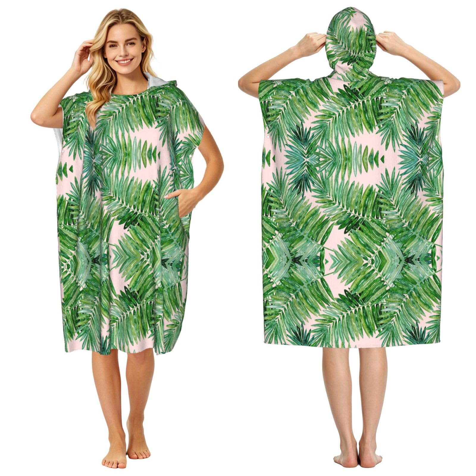 EZDLOWVBA Palm Tree Leaves Print Hooded Poncho Microfiber Beach Towel,Adult Women & Men Changing Robe,Lightweight Summer Surf Swim Bath Poncho Towel