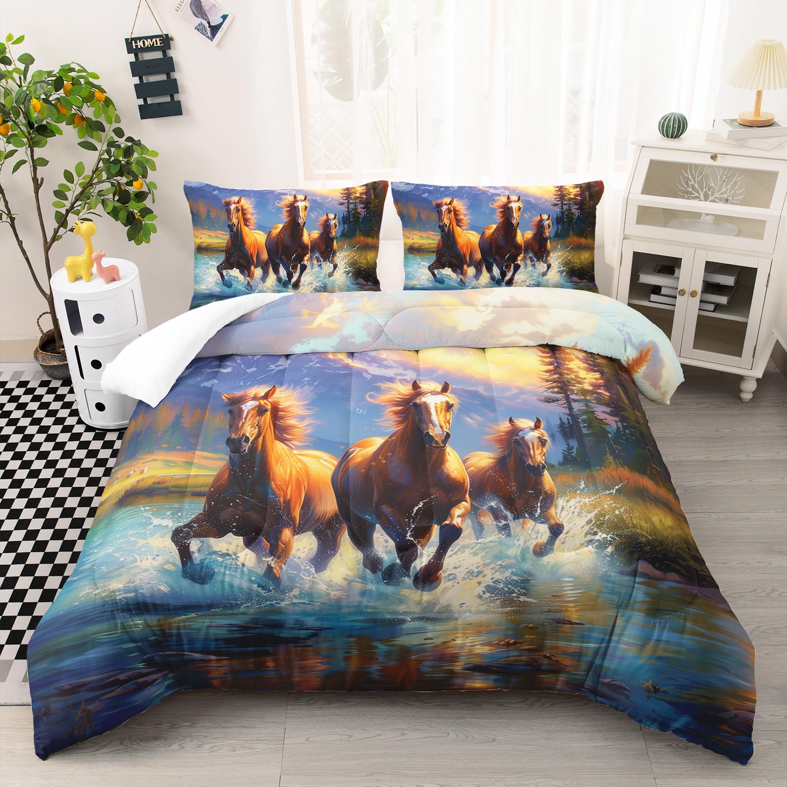 Ntlfup Horse Comforter Bedding Set Wild Animal Theme Print Quilt Set for Kids Teen Girls Boys Room Decor, Full Duvet Set with 2 Pillowcases