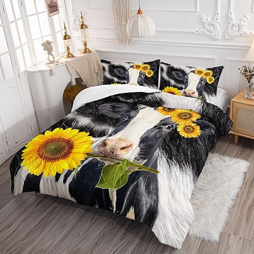 Miniatura 2 de BailiPromise Juego de edredón de vaca y girasol con estampado de animales de granja juego de ropa de cama con 1 edredón y 2 fundas de almohada para