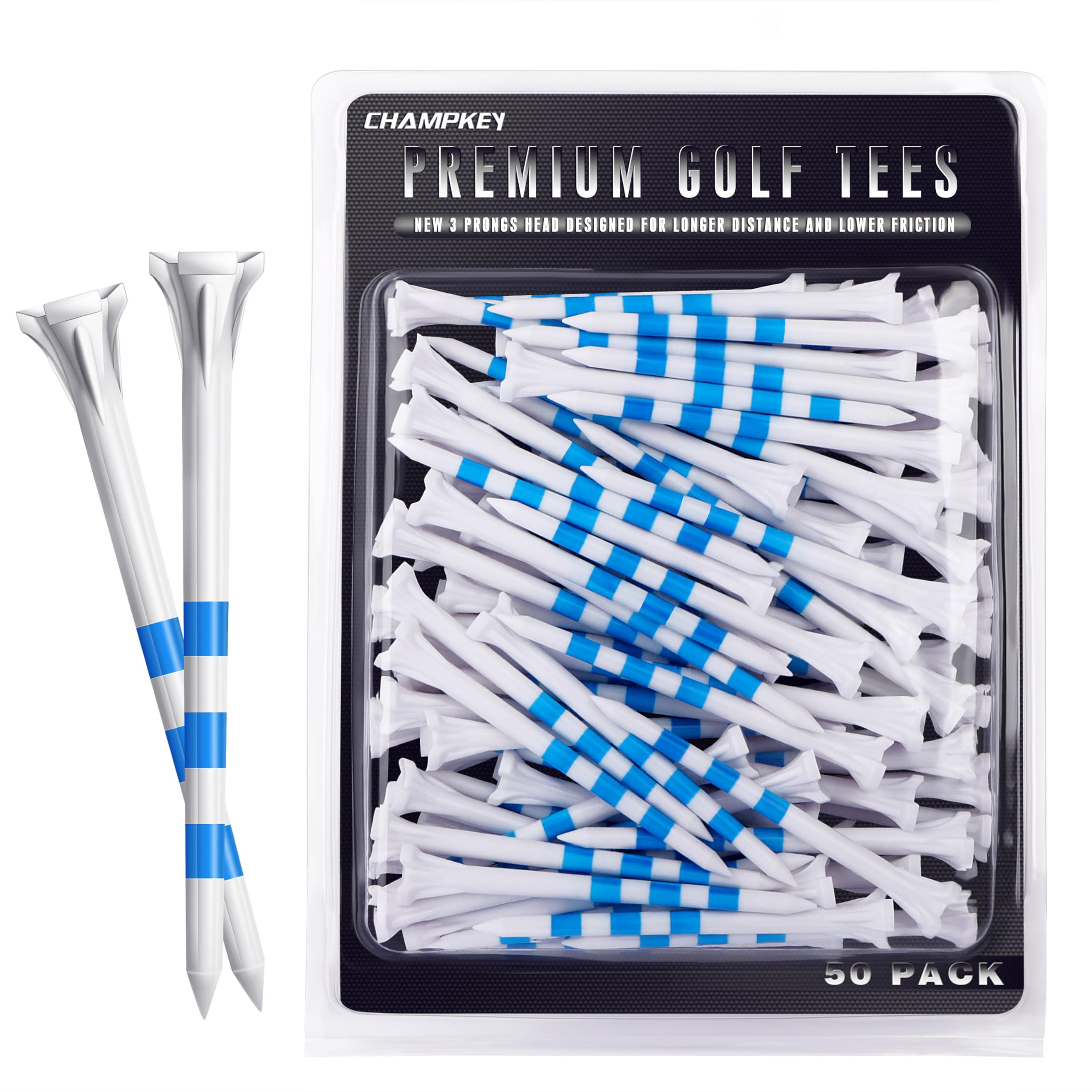 CHAMPKEYPremium 3-Prongs Golf Tees Plastic 100 Pack - Reduces Ball Contact Area by 40% for Lower Friction and Enhanced Distance
