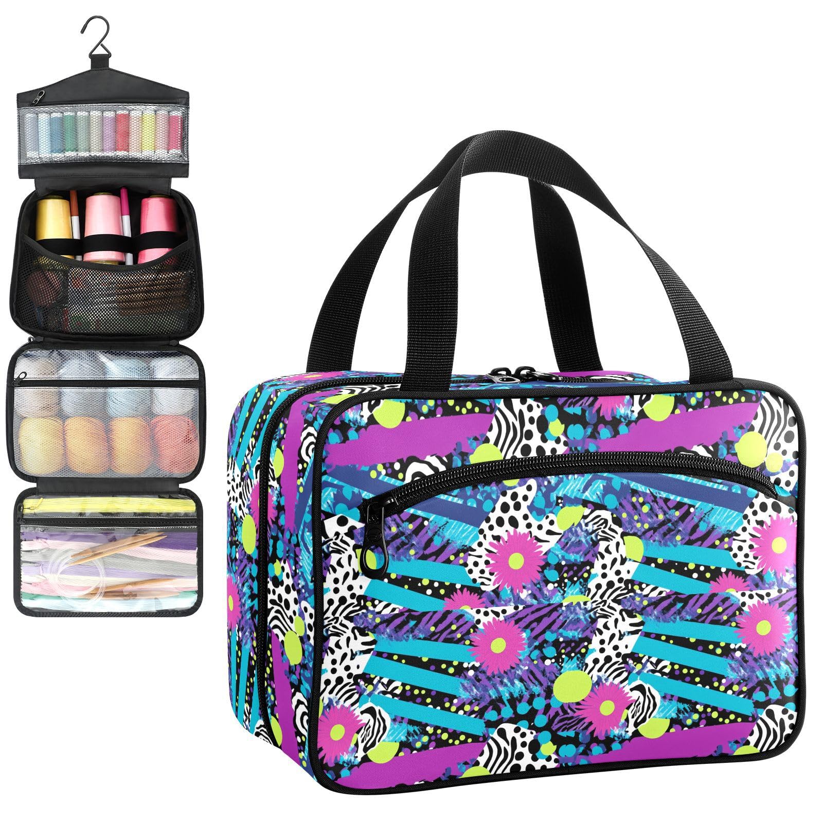 YNNALE Sewing Supply Organizer Bag, Colorful Abstract Pattern Dots and Stripes Portable Sewing Bags with Pockets&Hanger, Sewing Storage Box Case for Sew Supplies/Kit/Tools/Accessories (BAG ONLY)