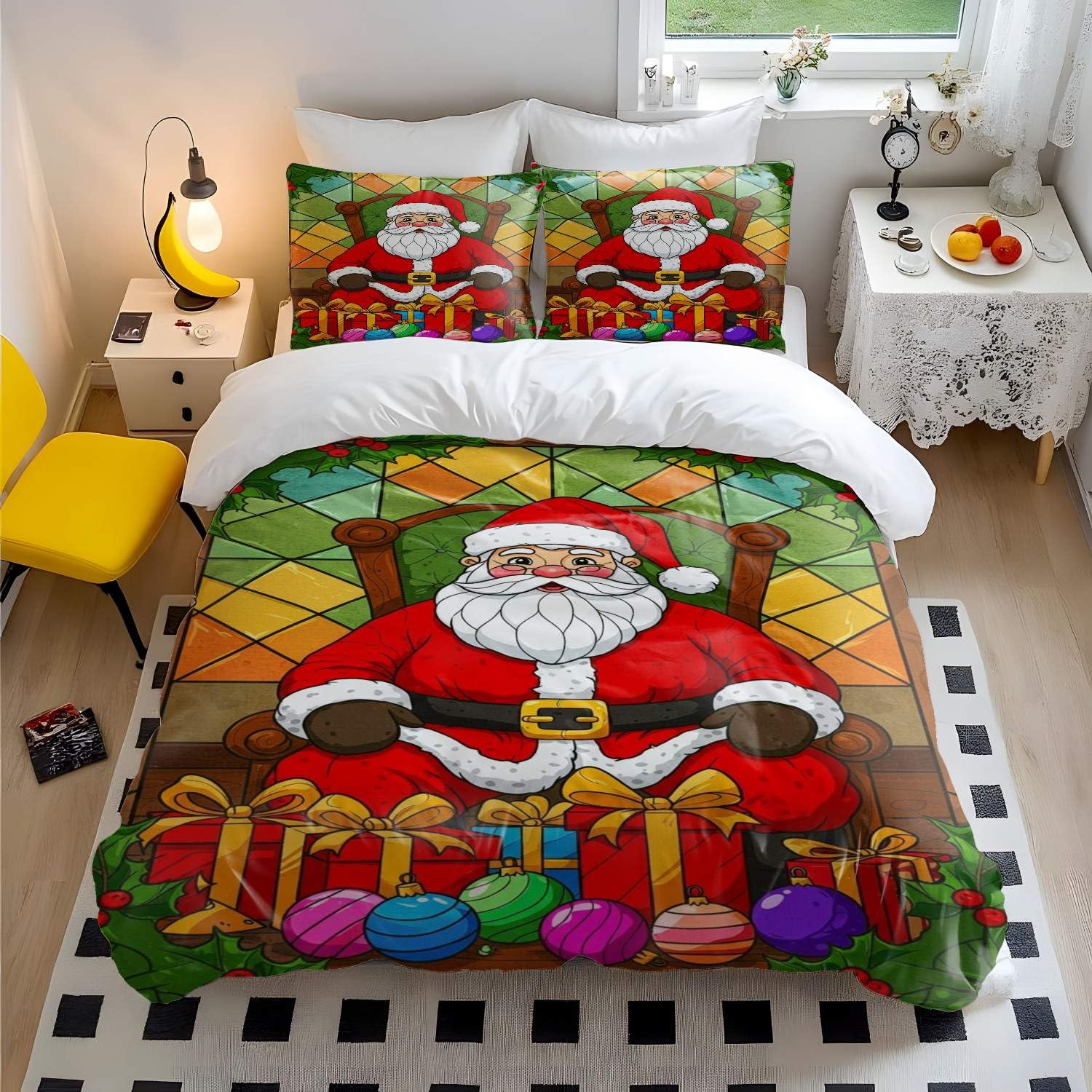 Parure de lit style vitrail coloré Père Noël 240x220 motif poinsettia
