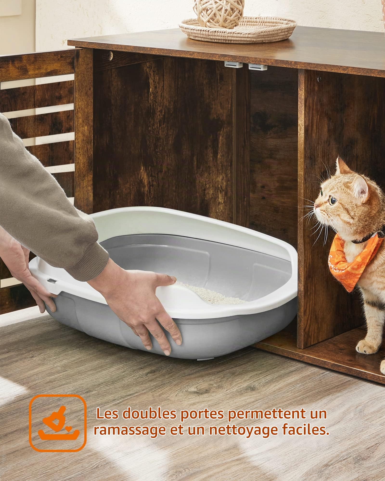 Feandrea Maison de Toilettes pour Chats, Cache-litière, Table d'Appoint, Niche pou Chats, avec Portes Persiennes, Entrée Arrondie, 80 x 53 x 49 cm, Marron Rustique PCL003X01