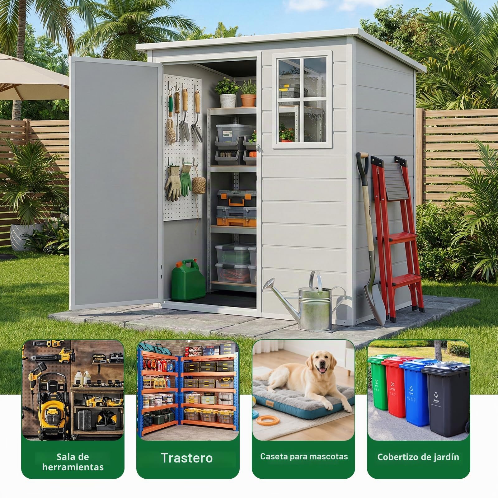 Caseta de plástico 138 × 110,5 × 182 cm, cobertizo con ventanas, techo inclinado y puerta segura, para guardar herramientas de jardín. Incluye placa de suelo, ideal para jardín, terraza