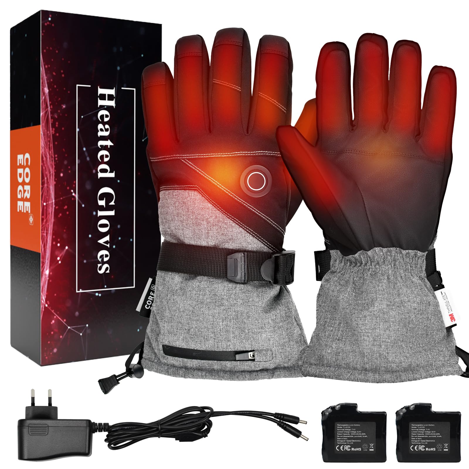COREEGDE Gants chauffants, gants chauffants pour homme et femme, gants chauffants, gants de ski électriques avec batterie 7,4 V 3000 mAh, gants pour moto, snowboard, cyclisme, pêche