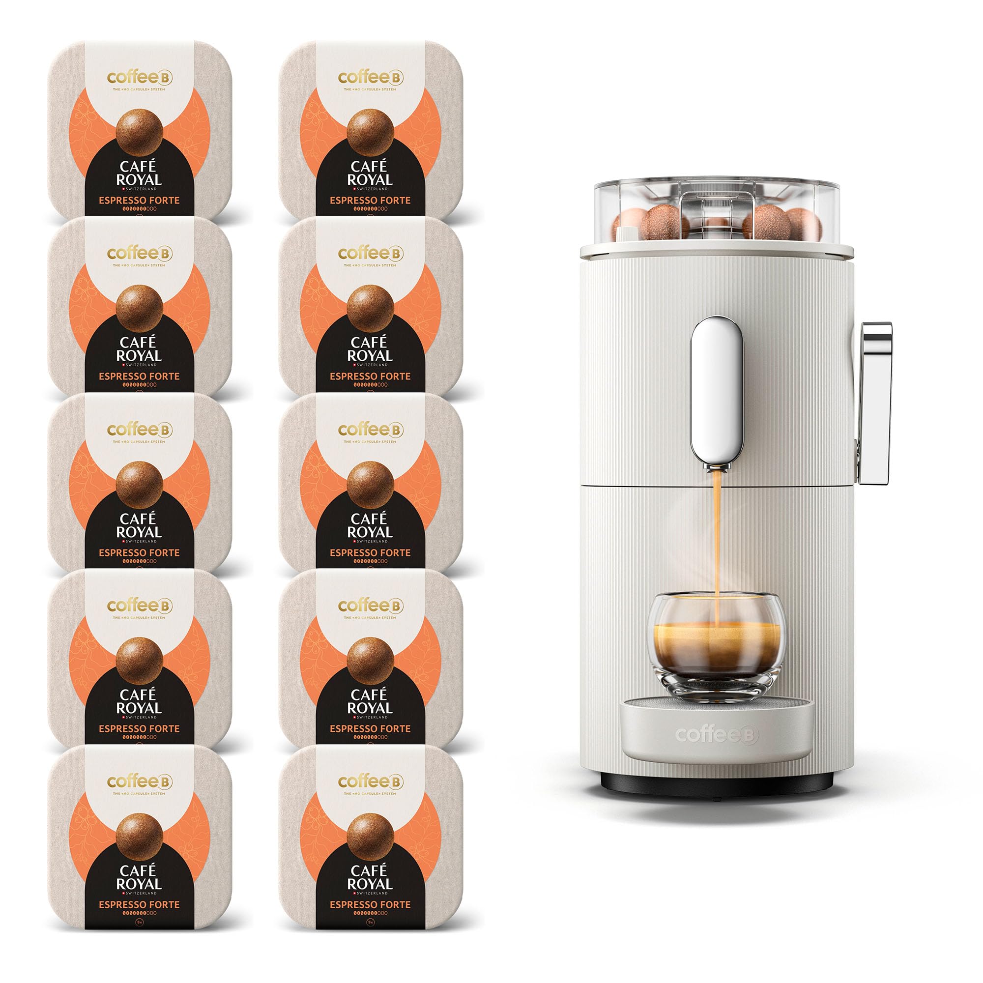 CAFE ROYAL SWITZERLAND PROFESSIONAL Café Royal Switzerland Machine à Café CoffeeB Globe Blanc 1.3L avec 90 Coffee Balls Expresso Forte - 100% Compostables