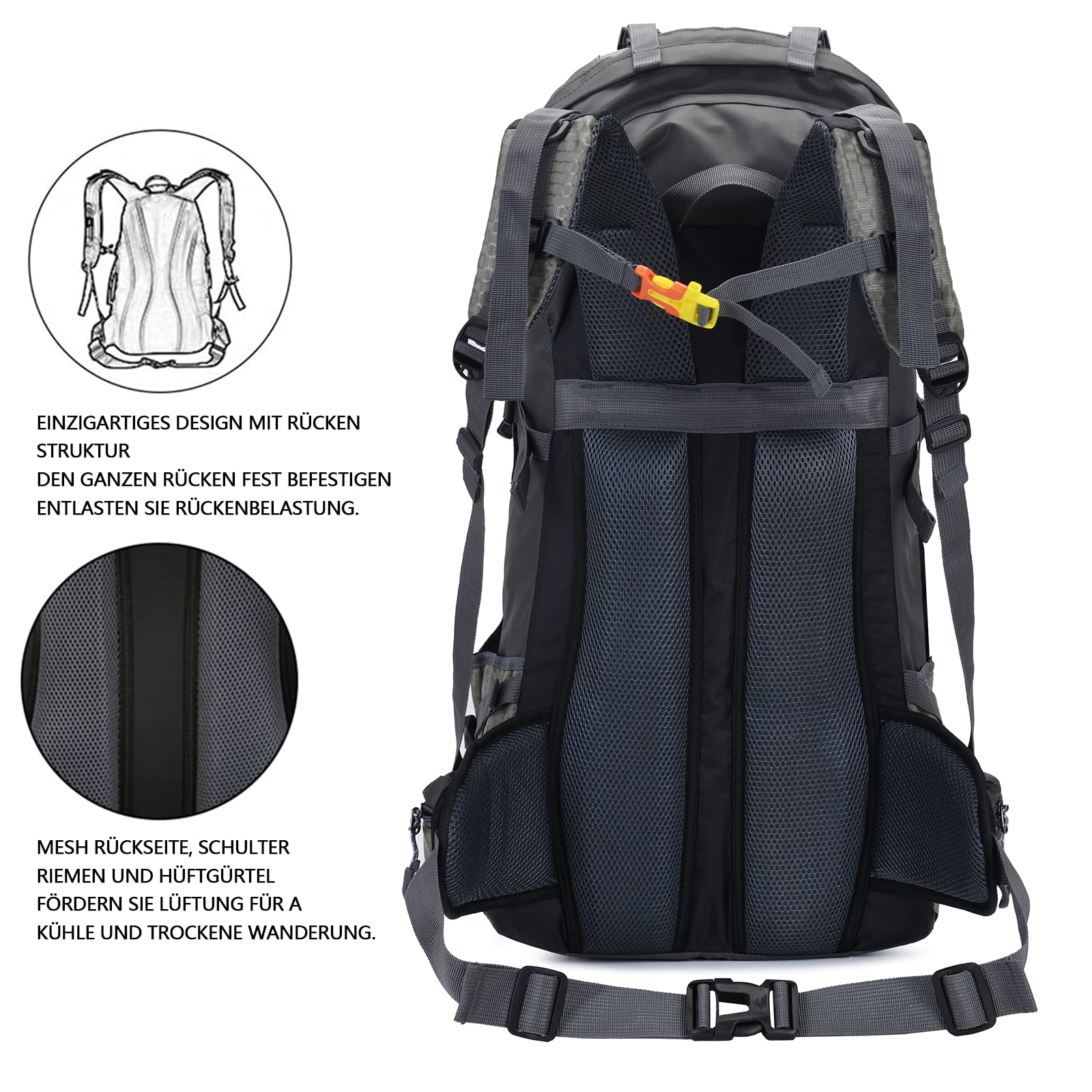 Zaino impermeabile da 60 l, ultraleggero, pieghevole, da viaggio, con protezione antipioggia, grigio., 68