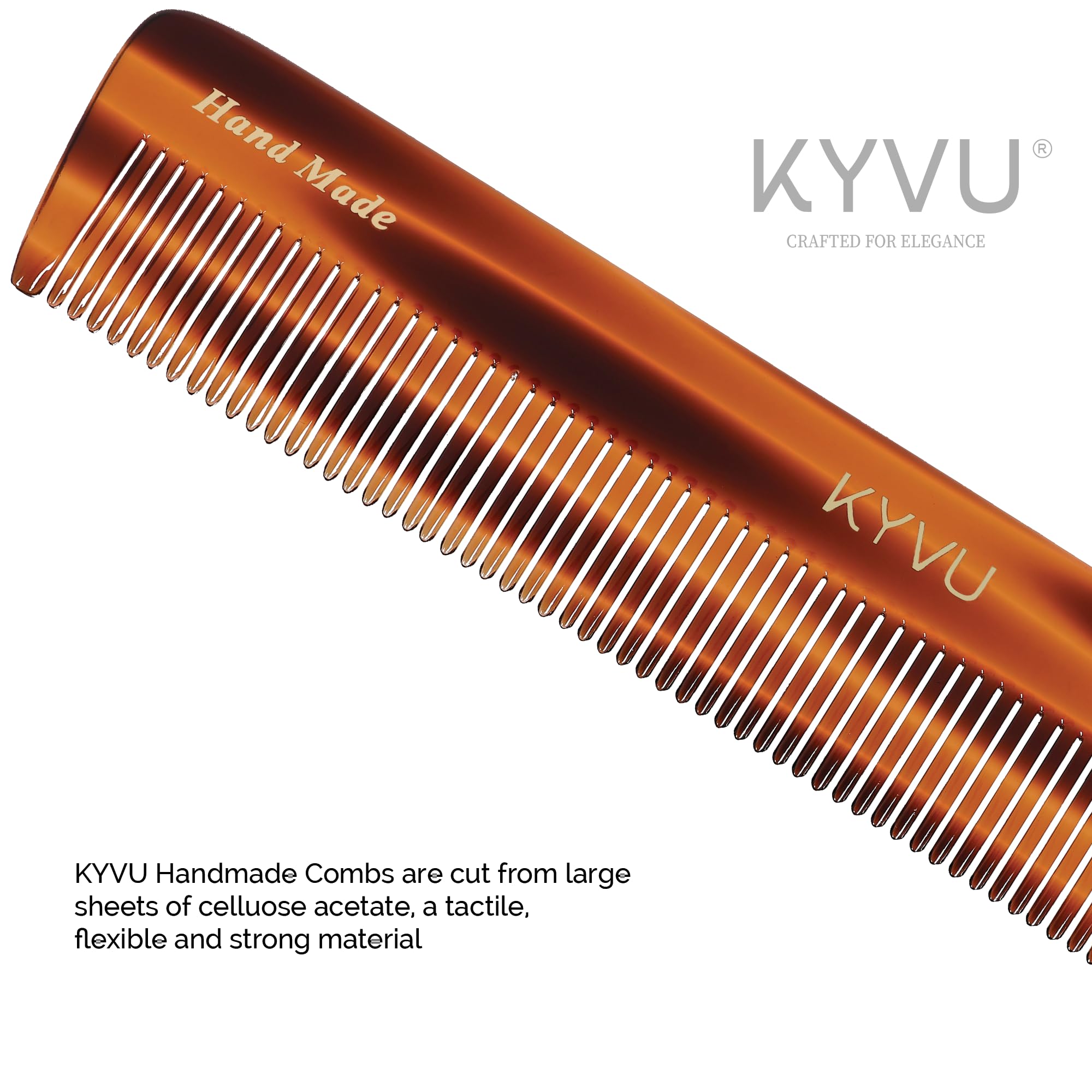 KYVU Handmade Cellulose Acetate Comb T9, 18.7 cm, FINE Teeth, Tortoiseshell Colour, Hair Styling for Men & Women - Image 3
