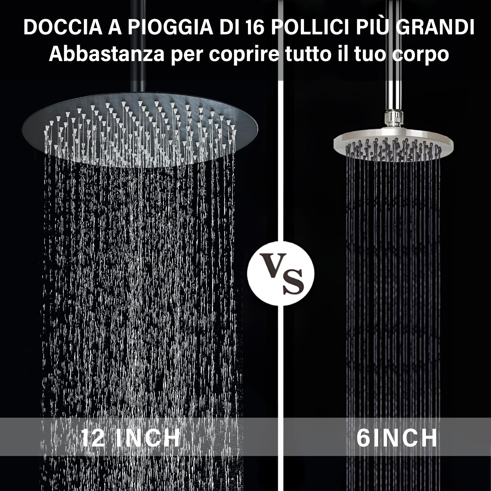 Pommeau De Douche Carré 12 Pouces - Acier Inoxydable 304 Noir - Anti-Calcaire - Buses Silicone - 360° Réglable