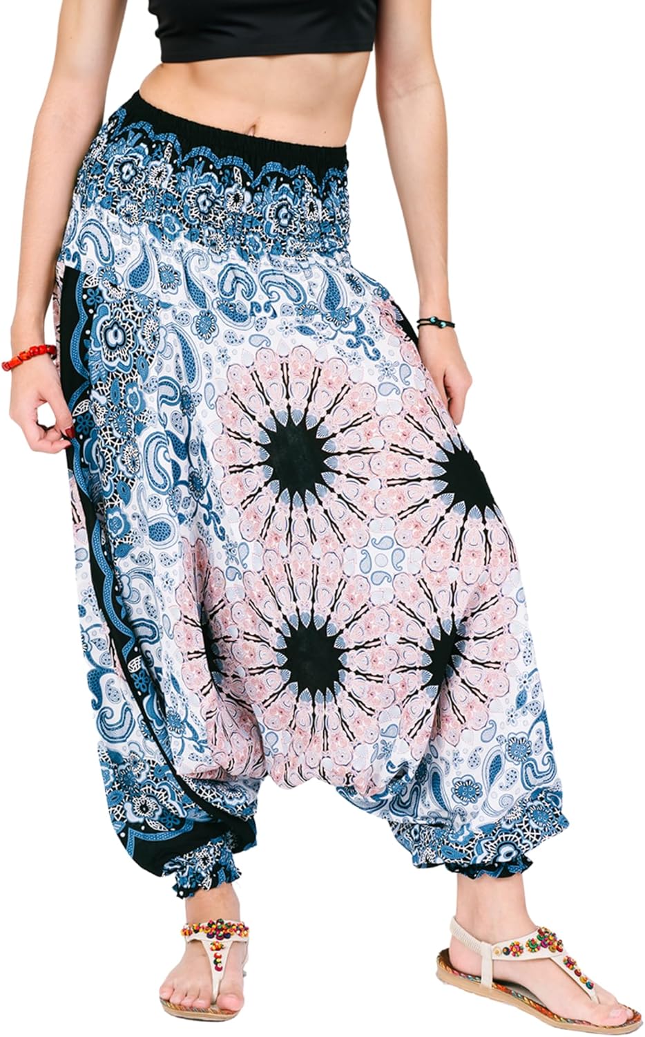 Boho Hippie Harem Pants Jumpsuit for Women – Lightweight Rayon Loose Dhoti Trousers with Elastic Waist for Lounge & Travel