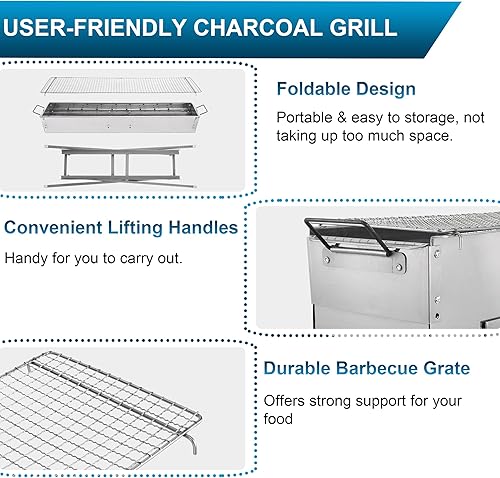 Miniatura 6 de IRONWALLS Parrillas de carbón portátiles, 32 x 8 pulgadas, de acero inoxidable, plegadas, para camping, brocheta para barbacoa, barbacoa, parrilla,