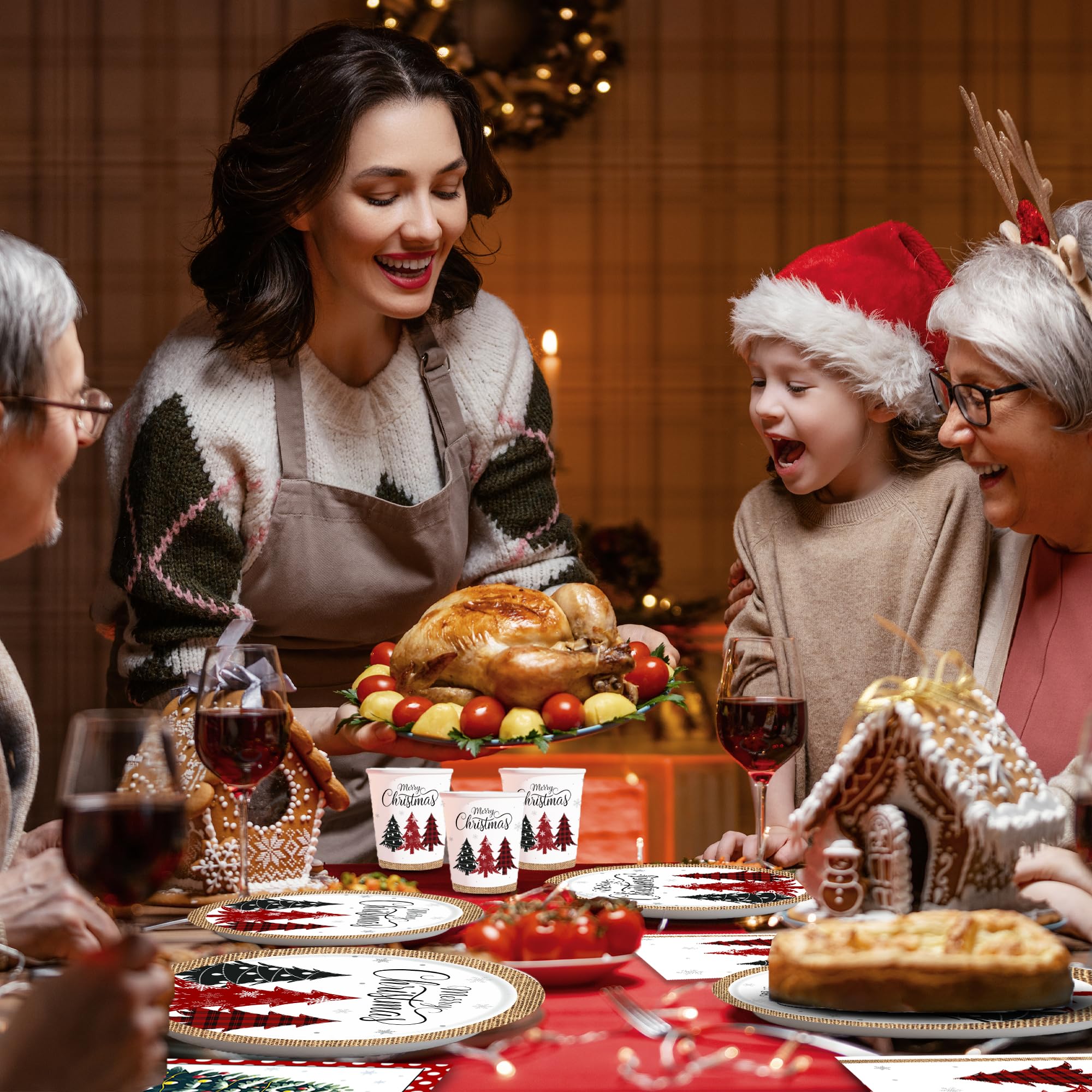 Platos y servilletas de papel de Navidad, platos de Navidad desechables (sirve para 25), platos y servilletas de árbol de Navidad incluye platos llanos, platos de postre, servilletas y tazas,