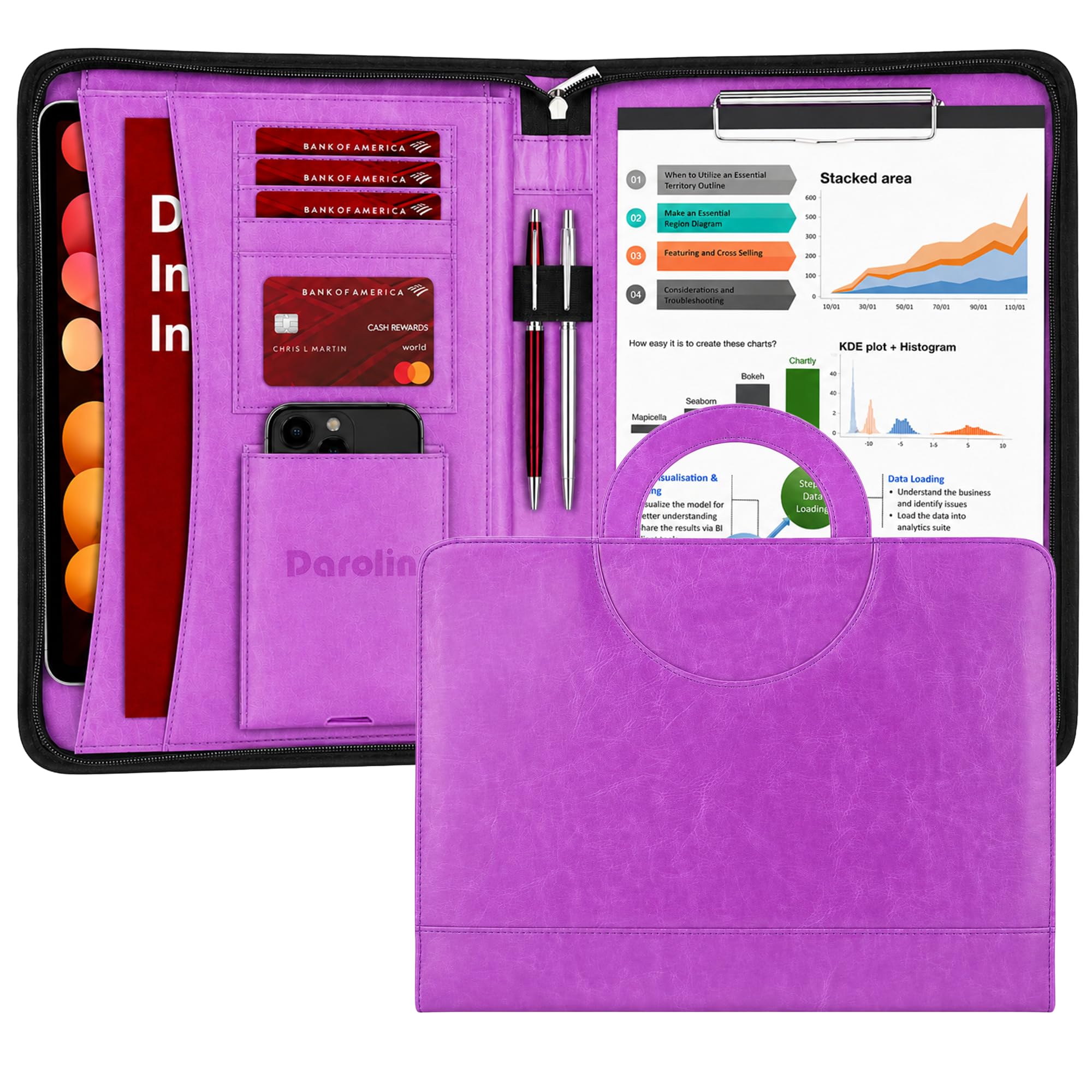 Darolin Leather Portfolio with Handle - Business Clipboard Folio, Purple | Zipper Padfolio for Women Men, A4 Notepad Portfolio Organizer, Legal Pad