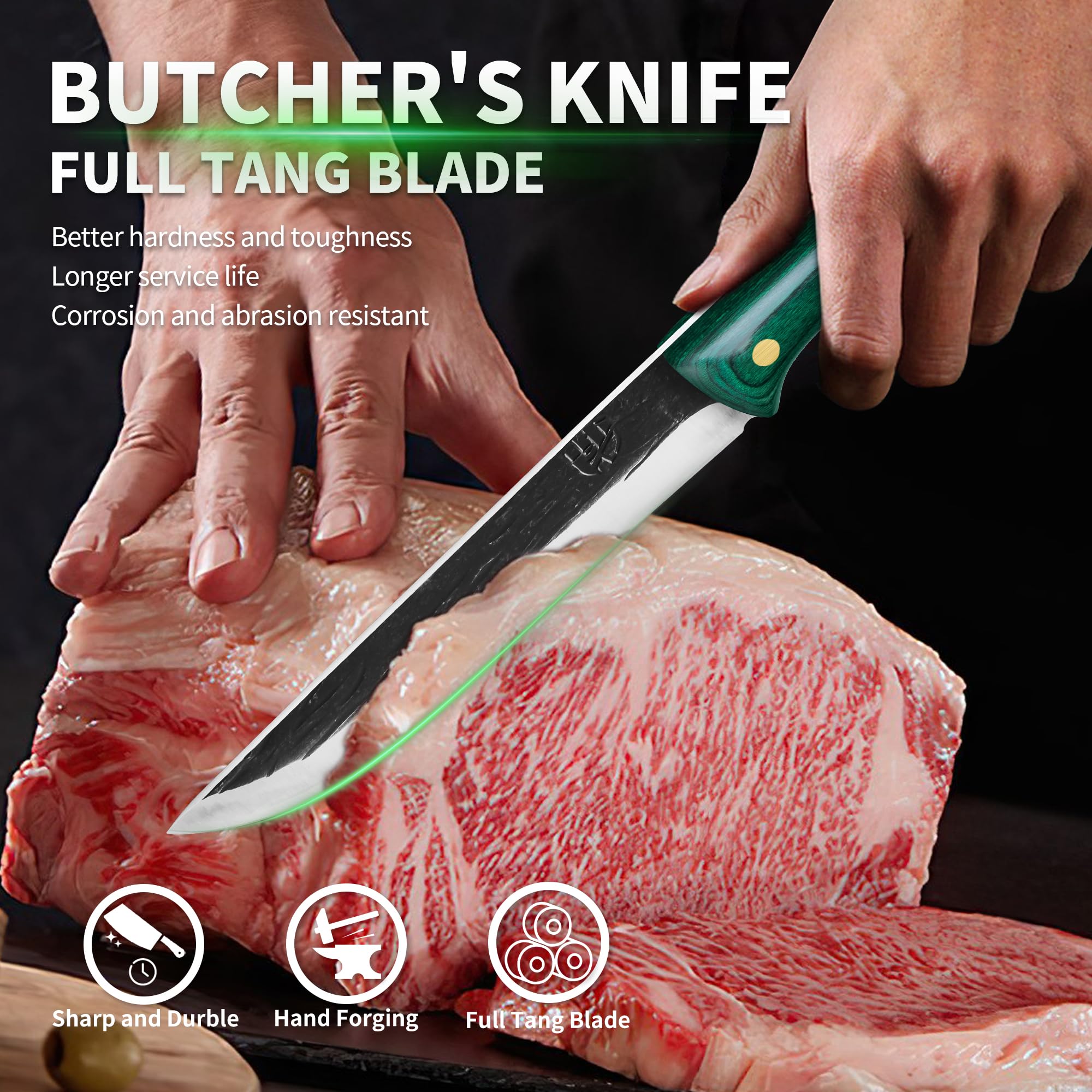 FULLHI 2pcs Manico in legno per disossare con fodero, coltello da pesca in acciaio ad alto tenore di carbonio per affettare e disossare, per cucinare in campeggio e per il barbecue. (Verde, 18cm)