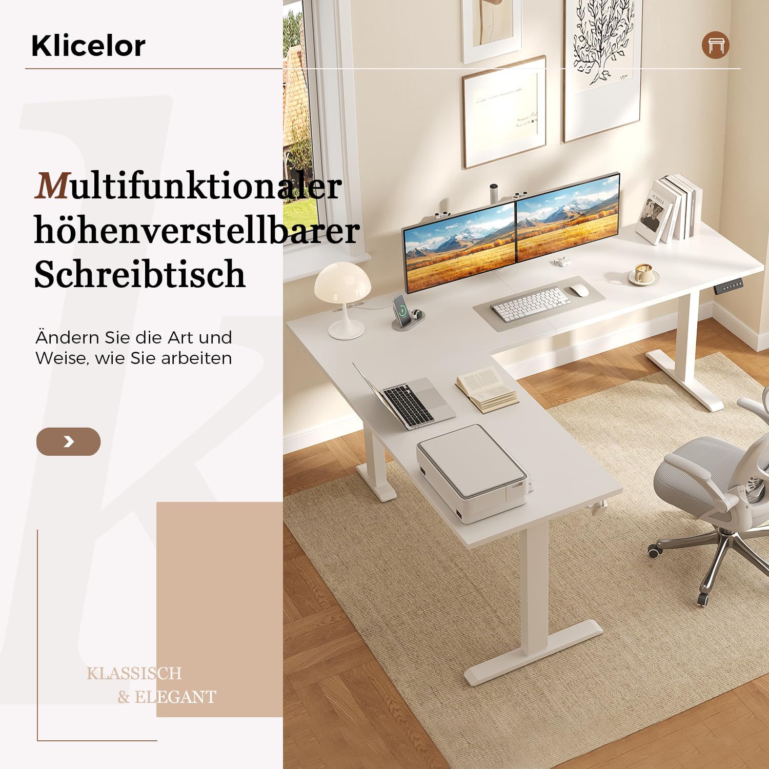 Klicelor L-förmiger Elektrischer Schreibtisch Höhenverstellbar, 160 x 140 cm L Form Stehschreibtisch mit 3 Memory-Funktionen und Antikollisionstechnologie, ergonomischer Computertisch, Weiß