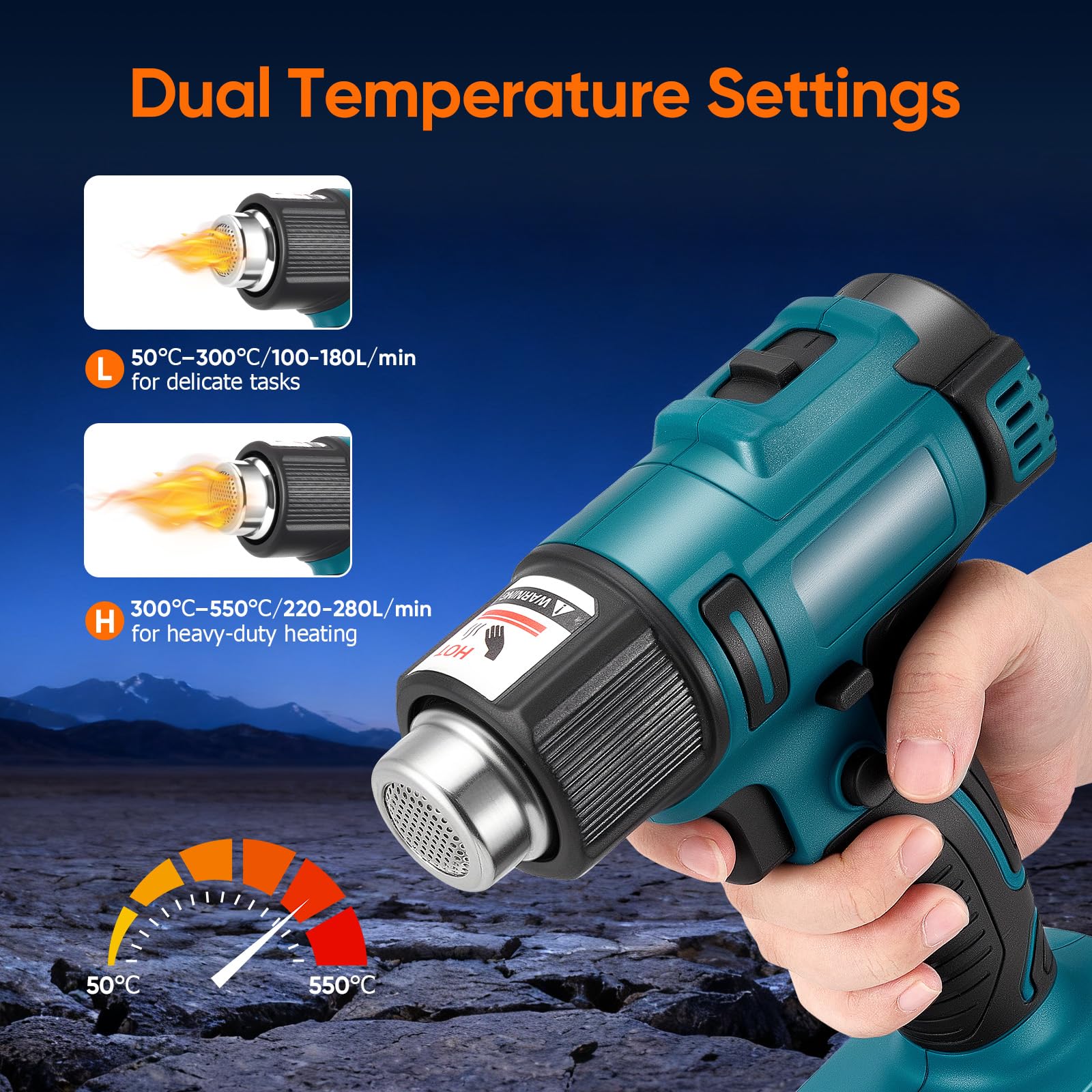 Secador de aire caliente con batería, pistola de aire caliente con batería, calentamiento rápido hasta 550°C, control de doble temperatura, con pantalla LCD, 5 boquillas y 2 raspadores, ideal para