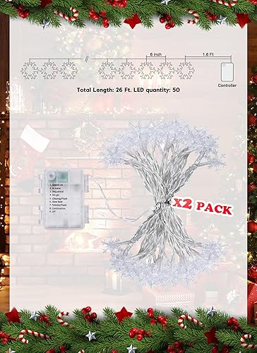Miniatura 2 de Paquete de 2 tiras de luces de copo de nieve para exteriores, 50 LED de 26 pies, luces de Navidad multicolor con pilas, 8 modos de iluminación,