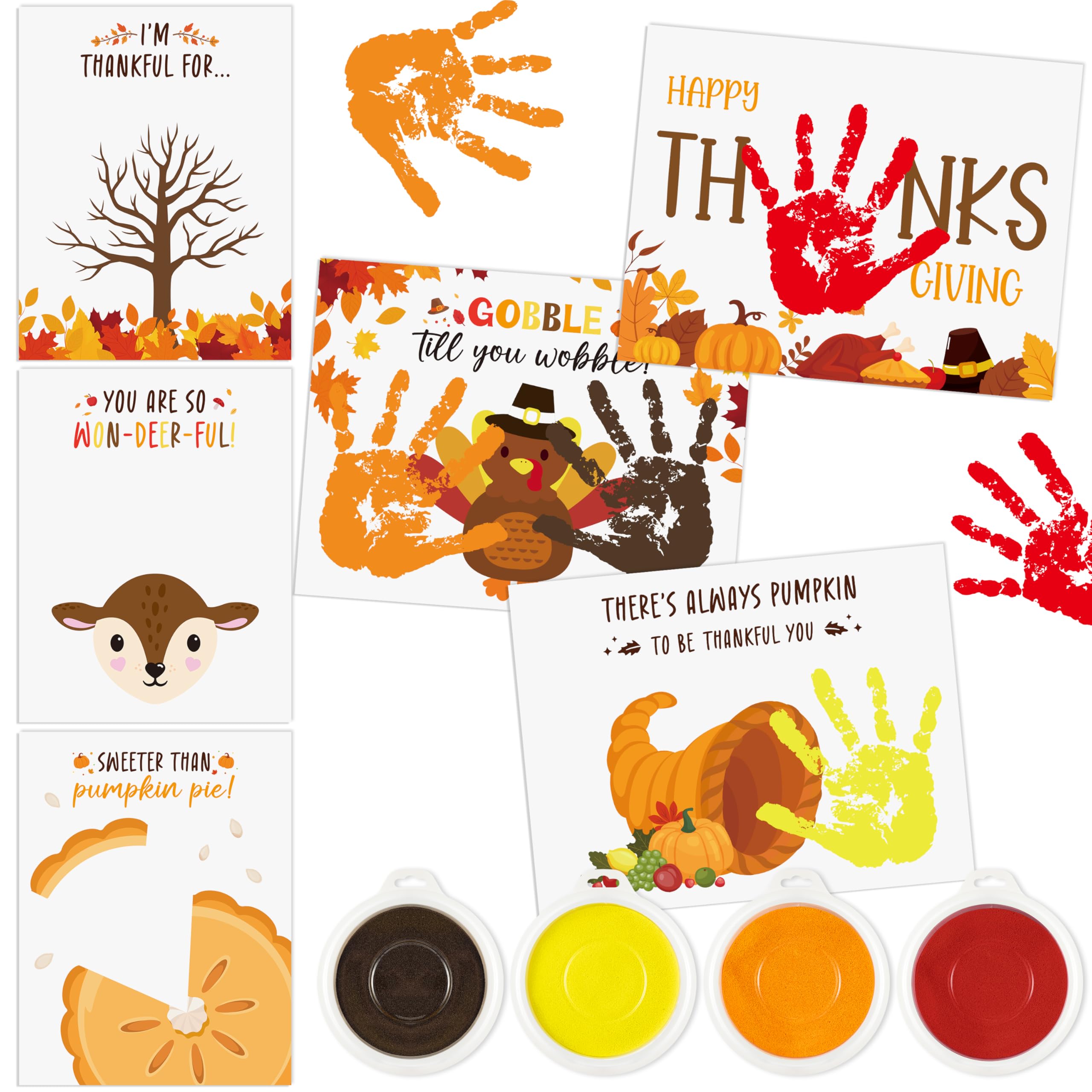 TICIAGA Fall Thanksgiving Handprint Craft - 36Pcs Fall Handprint Ink Pad DIY Greeting Cards for Kids, Funny Pumpkin Turkey Thank You Card with Large