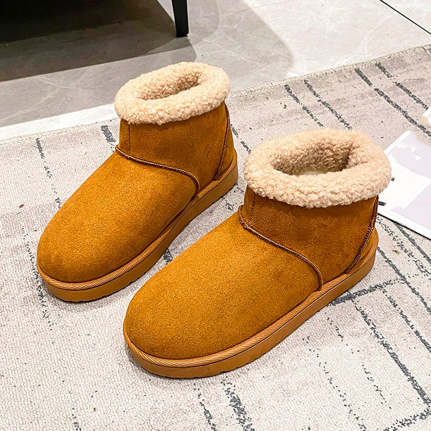 Suede Ankle Boots for Women:Fleece Cozy Faux Shearling Lining Pull On Winter Lady Boots Outdoor Indoor Footwear Walking Shoes