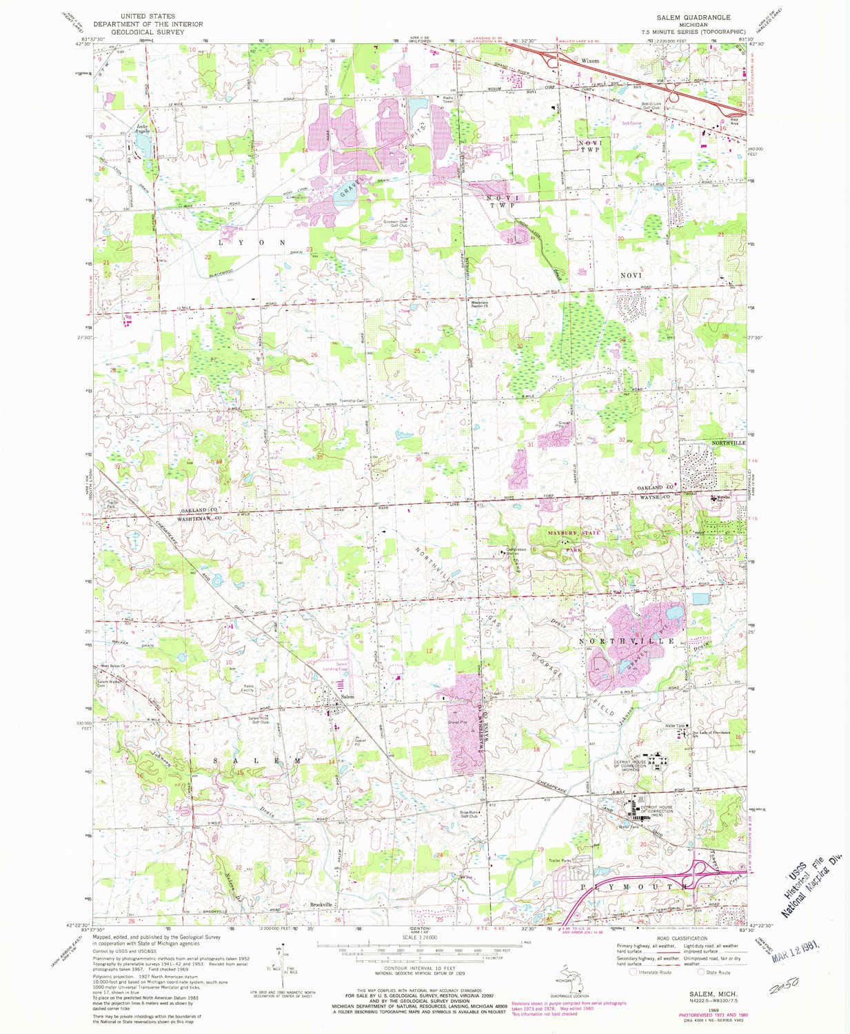 YellowMaps Salem MI topo map, 1:24000 Scale, 7.5 X 7.5 Minute, Historical, 1969, Updated 1981, 26.7 x 21.9 in