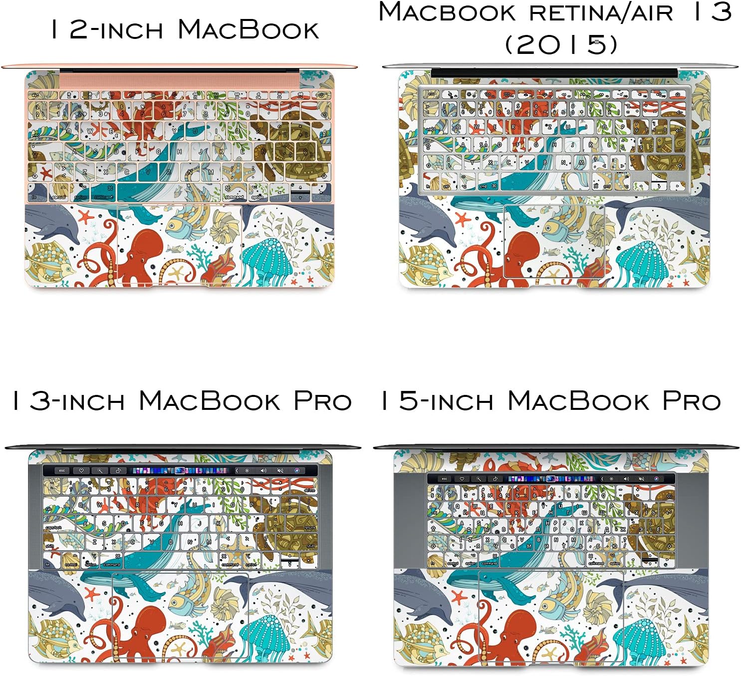 Vinyl Decal Skin Compatible for MacBook Pro 16 M3 M2 M1 14 2023 Air 15 2022 Retina 2020 Air 13 Mac 12 Underwater World Cute Ocean Fish Sticker Design Turtle Whale Cover Nice Print Laptop