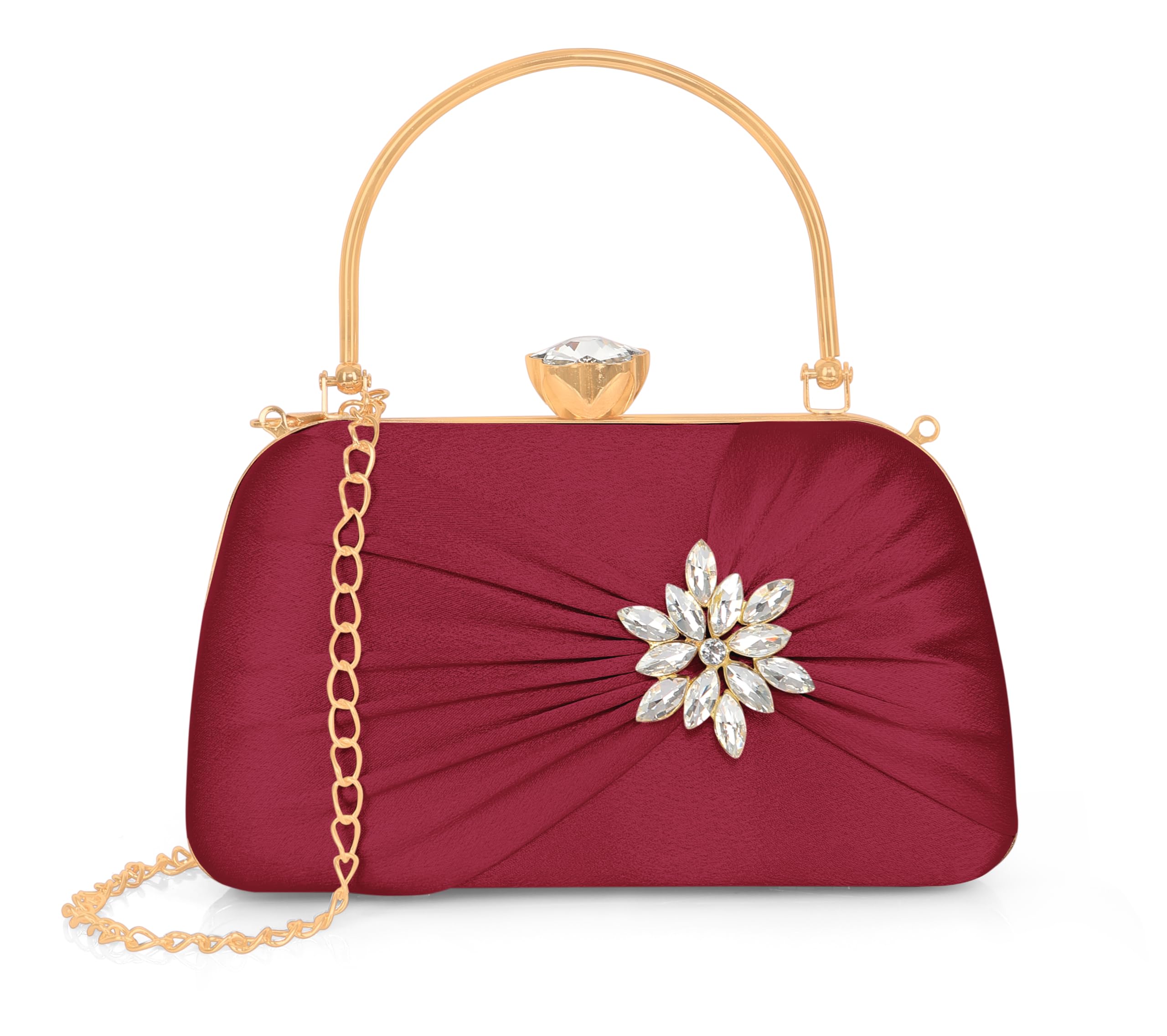 MISHA Radiance Flower Diamond Satin Clutch (MAROON)