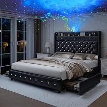 Sibeds 4ft6 Double Bed Frame with Storage Headboard and 2 Drawers, PU Black | Upholstered Platform Bed with Galaxy Aurora Star Projector, Charging Station, Diamond Wingback Headboard, Easy Assembly