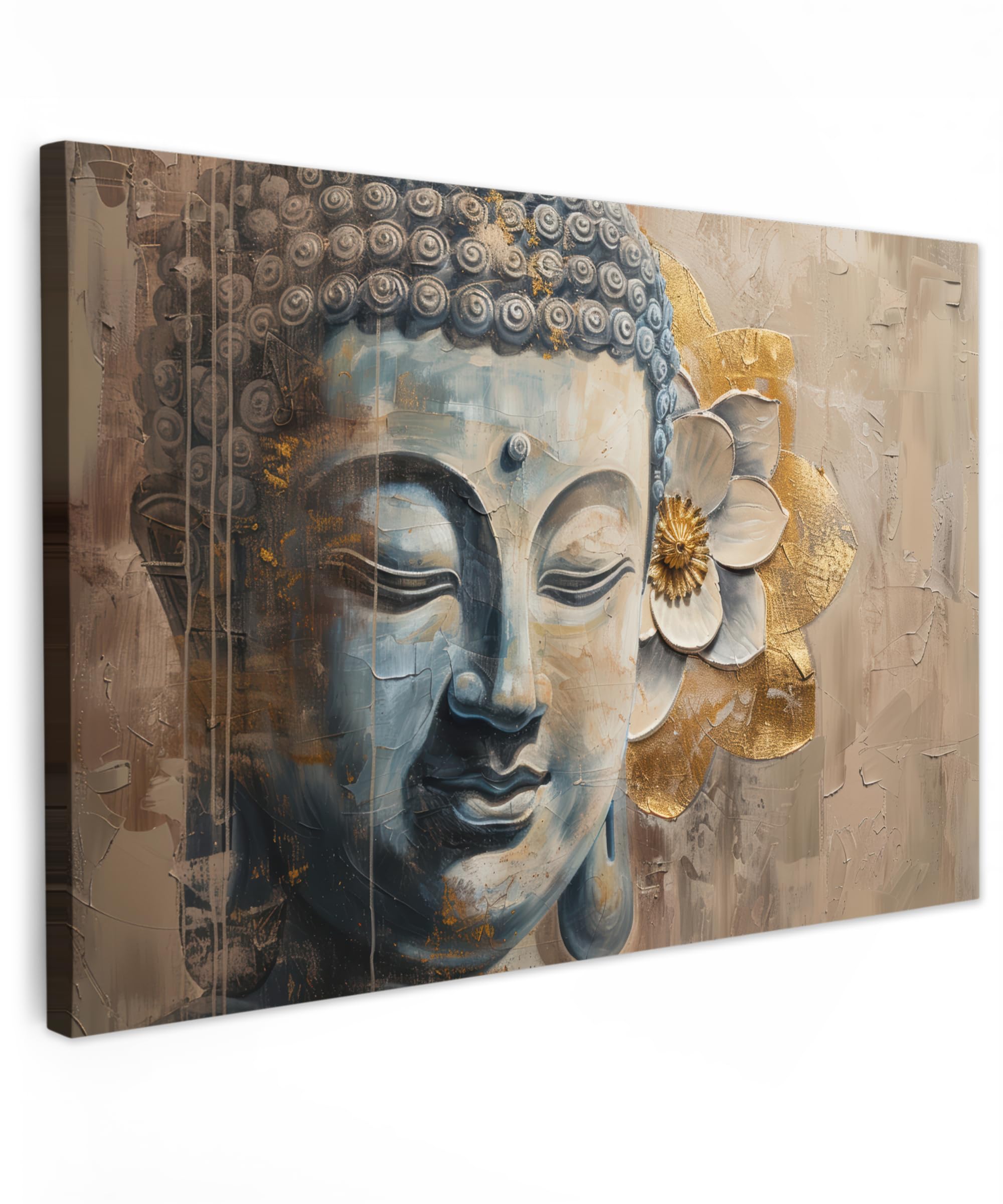 MuchoWow© Leinwand 60x40 cm Deko Schlafzimmer Aesthetic Leinwandbilder Wohnzimmer Gemälde Foto Geschenk Living Room Decoration Buddha - Zen - Blume - Gold - Beige - Kunst