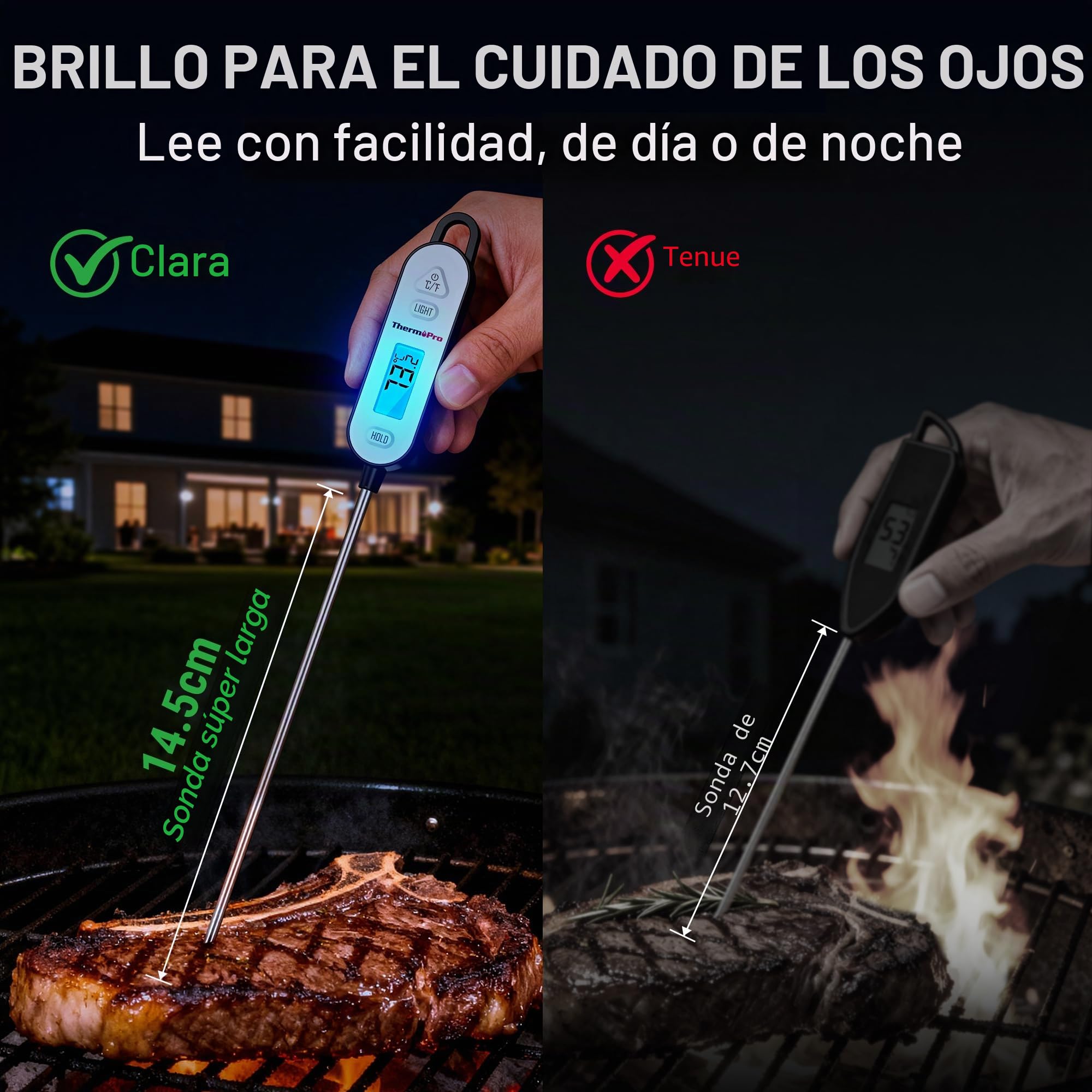 ThermoPro Termómetros digitales para carne, termómetro para alimentos con retroiluminación y función de bloqueo, sonda impermeable con botón ℃/℉, para cocinar, barbacoa, mermelada, aceite y agua