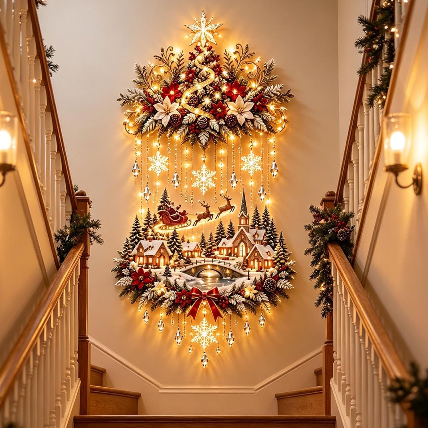 Illuminated Christmas Village Wall Hanging with Warm Lights