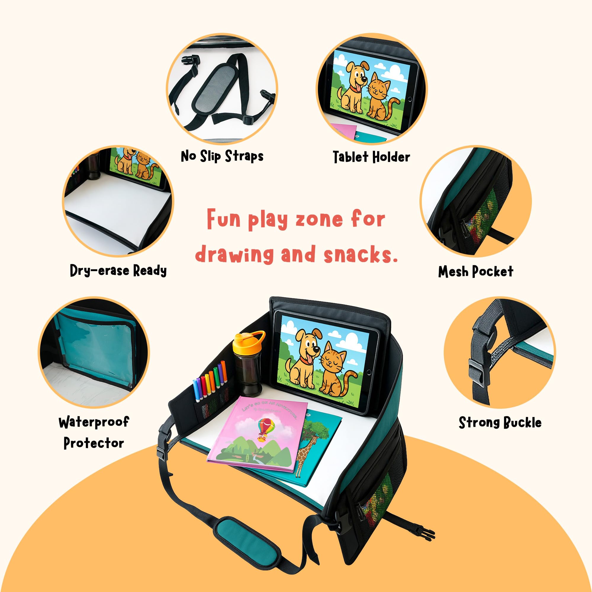 Plateau de voyage pour enfants pour siège de voiture - Violet - Le bureau de voyage essentiel avec support de tablette amovible, rangement intégré et panneaux stabilisés, plateau de voiture