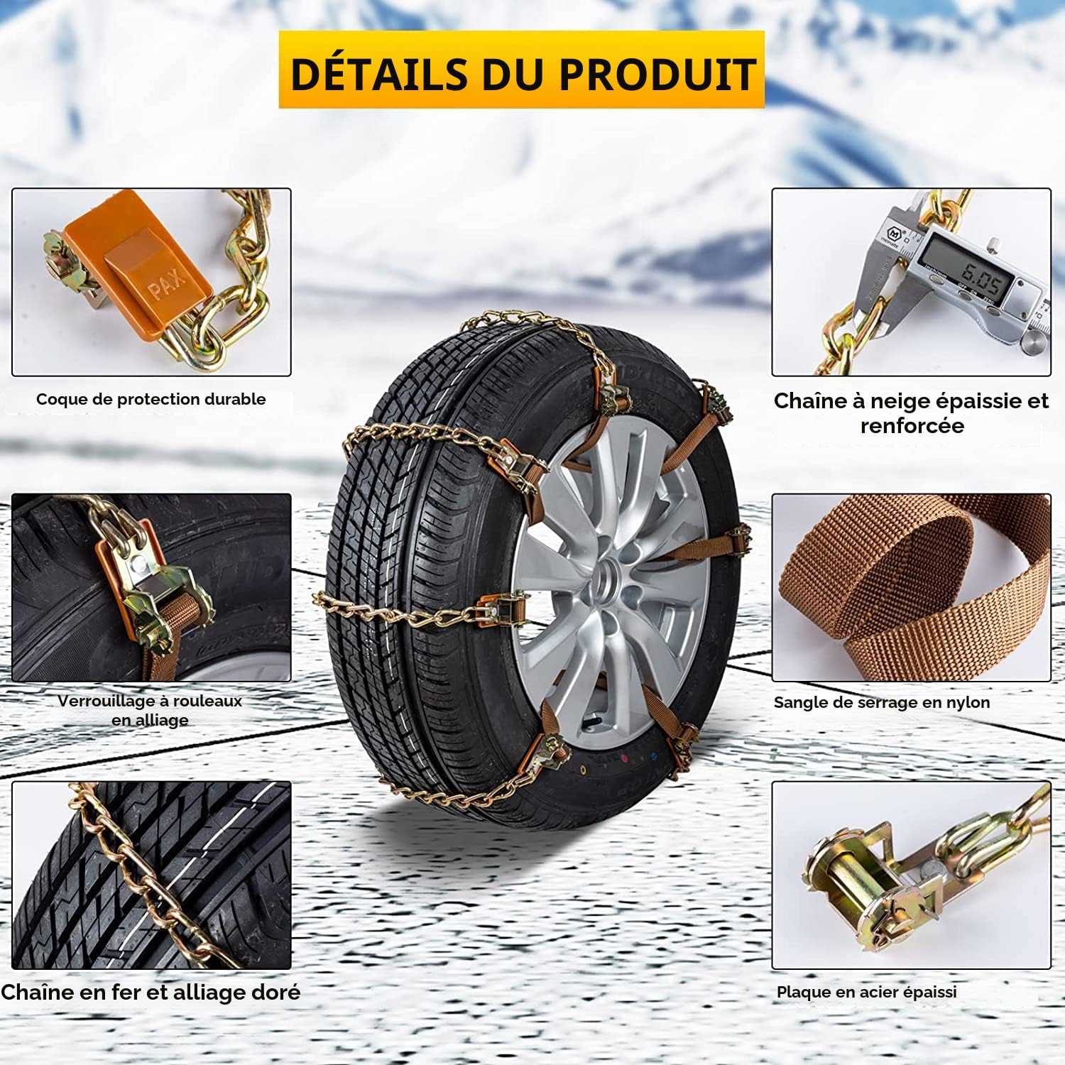 Chaînes à neige 8pcs Chaînes réglables antidérapantes avec pelle à neige en plastique et gants Facile à installer Chaîne à neige de pneu durable pour voiture, camion, SUV Roadway Snow Roads