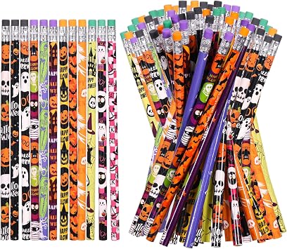 Halloween Pencils with Eraser Assortment Themed Pencil Ghost Pumpkin Skeleton Bat Spider Wooden Pencils for Party Favor Supplies, 12 Styles 120