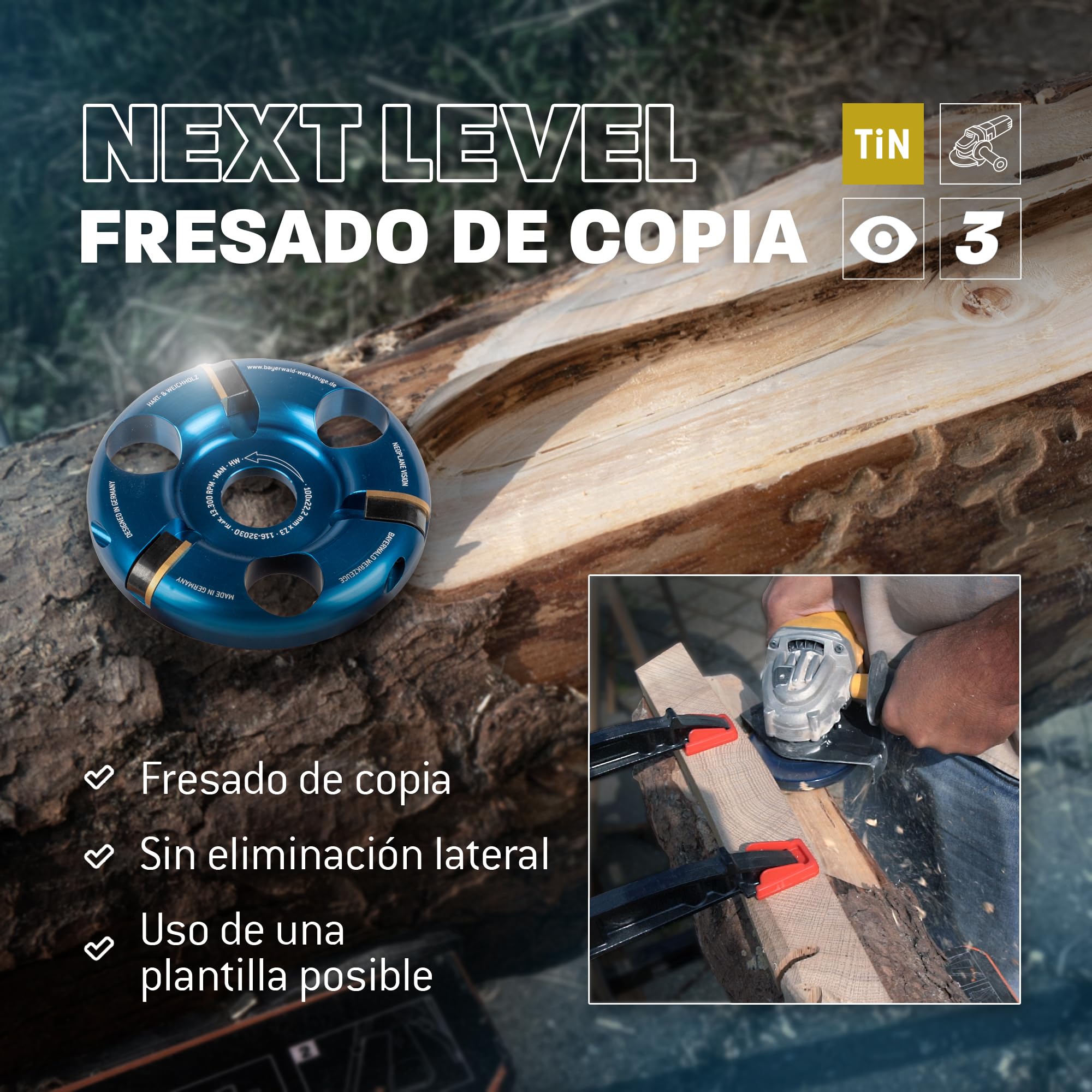 Bayerwald Werkzeuge NeoPlane - Disco de madera para amoladora angular - Disco madera Ø 100 mm - Dientes de carburo TiN intercambiables, larga vida útil