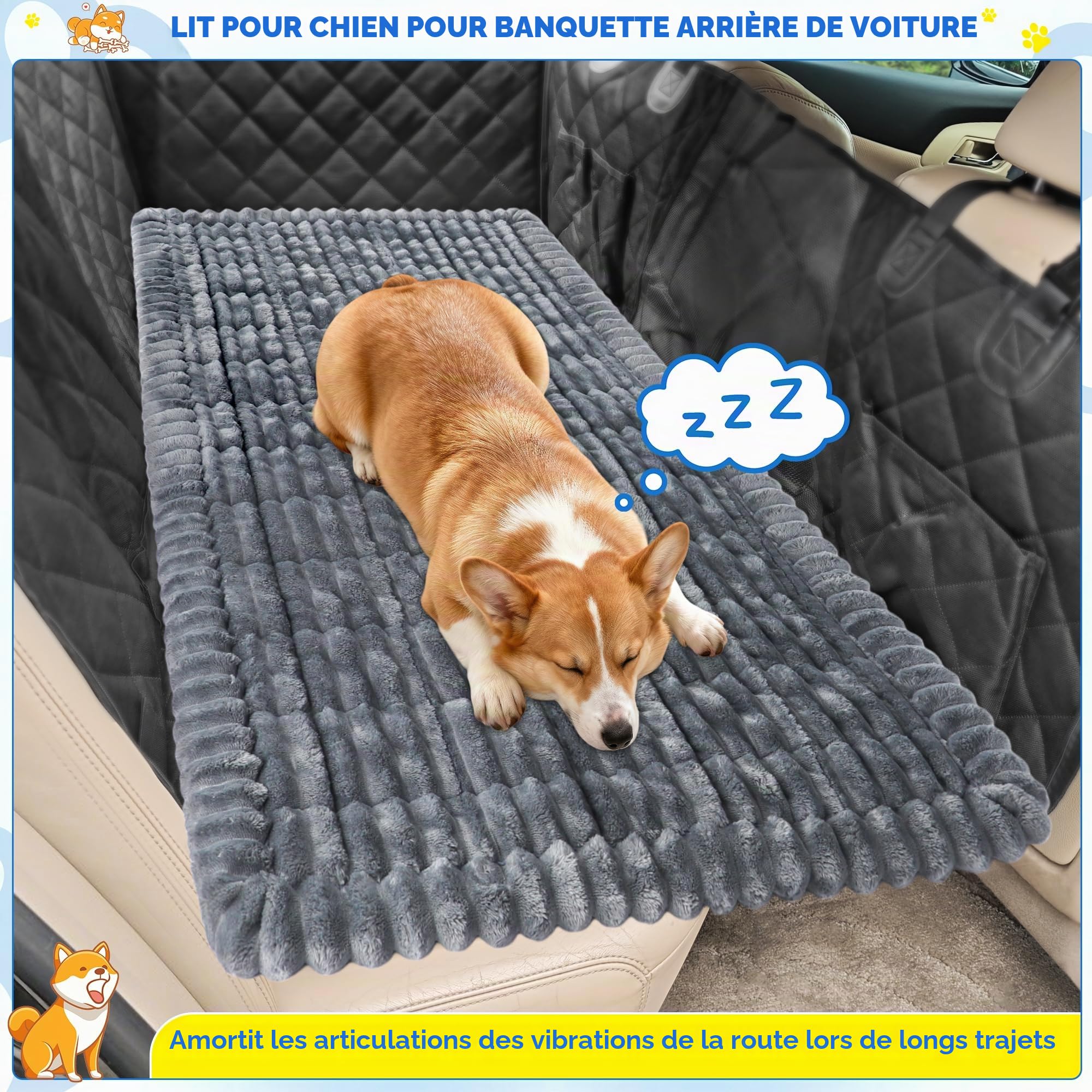 Loiion Tapis Auto Chien Anti-Dérapant Flanelle 127x62x3cm Gris