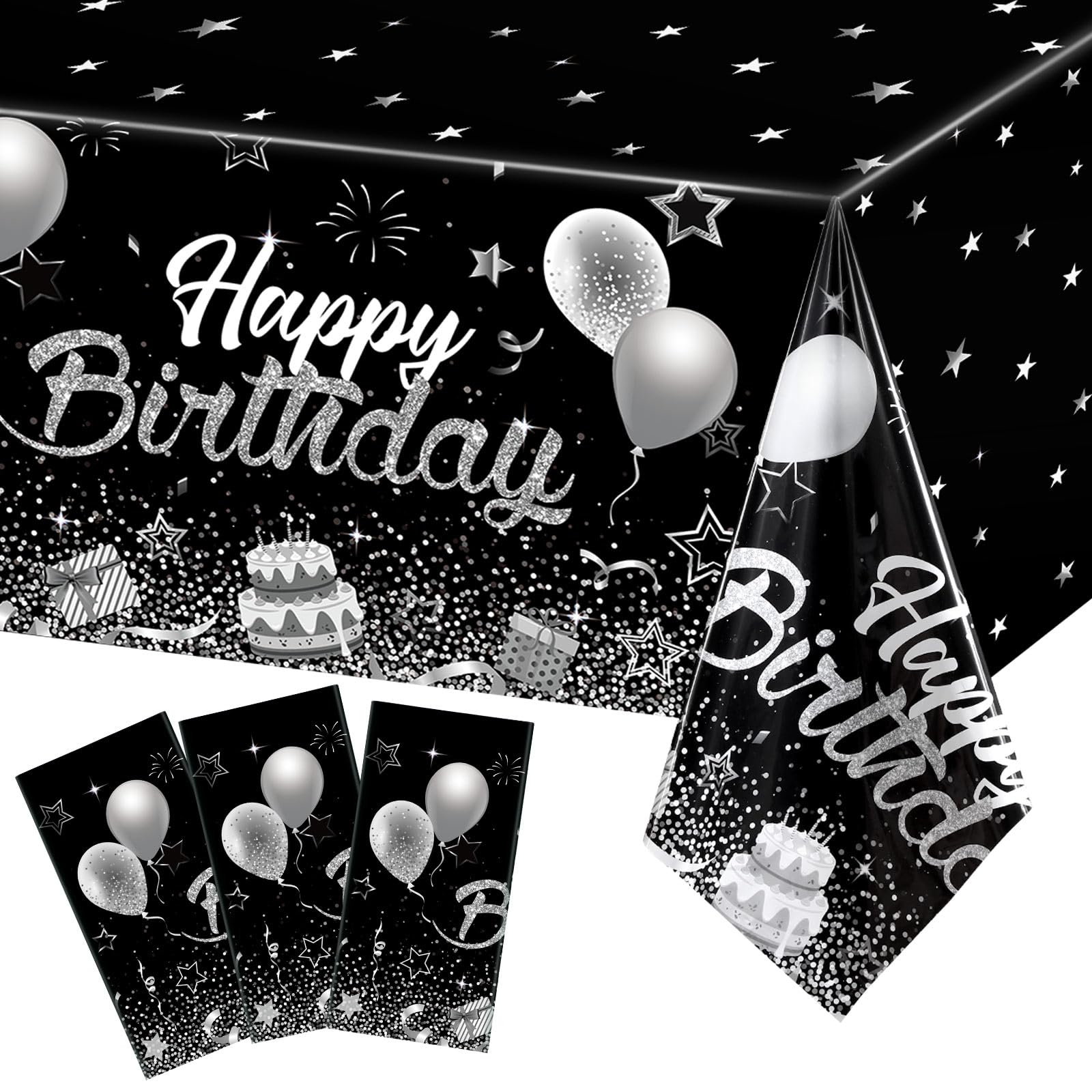 Breling 3 Pack Birthday Party Supplies Confetti Sprinkles Happy Birthday Tablecloths Starry Table Covers for Kids Adults Party Decorations, 54 x 108
