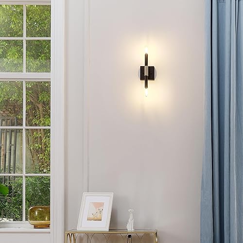 Miniatura 2 de GLOBE 65000044 - Lámpara de pared eléctrica de 2 luces, color negro mate, acento de latón antiguo, enchufes de base E12, luces para sala de estar,
